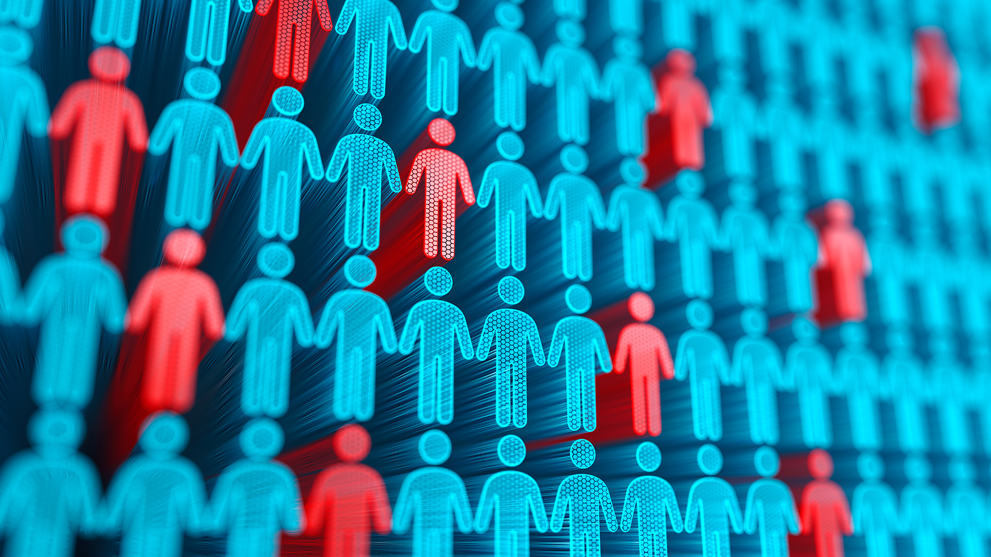 Ilustración 3d de mucha gente con personas únicas. Por ejemplo, puede usarse para mostrar una pandemia de Coronavirus Covid-19, estadísticas de enfermedades, selección aleatoria, daño a la población, propagación de pandemias en el mundo e infección de personas.