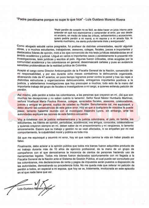 Gustavo Moreno pide perdón en carta por hechos de corrupción