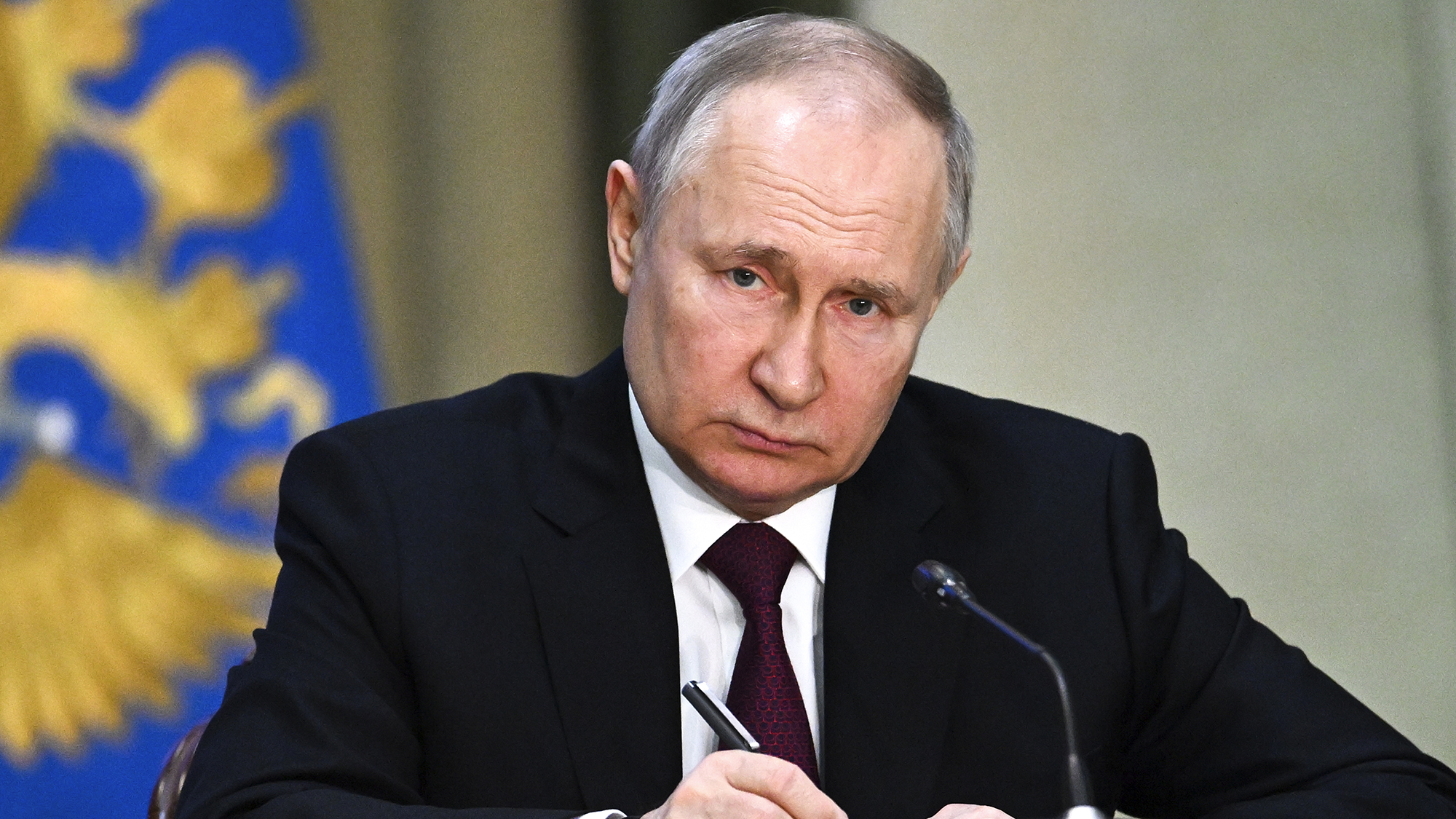 Russian President Vladimir Putin attends a meeting of the Prosecutor General's Office Board in Moscow, Russia, Wednesday, March 15, 2023. (Pavel Bednyakov, Sputnik, Kremlin Pool Photo via AP)