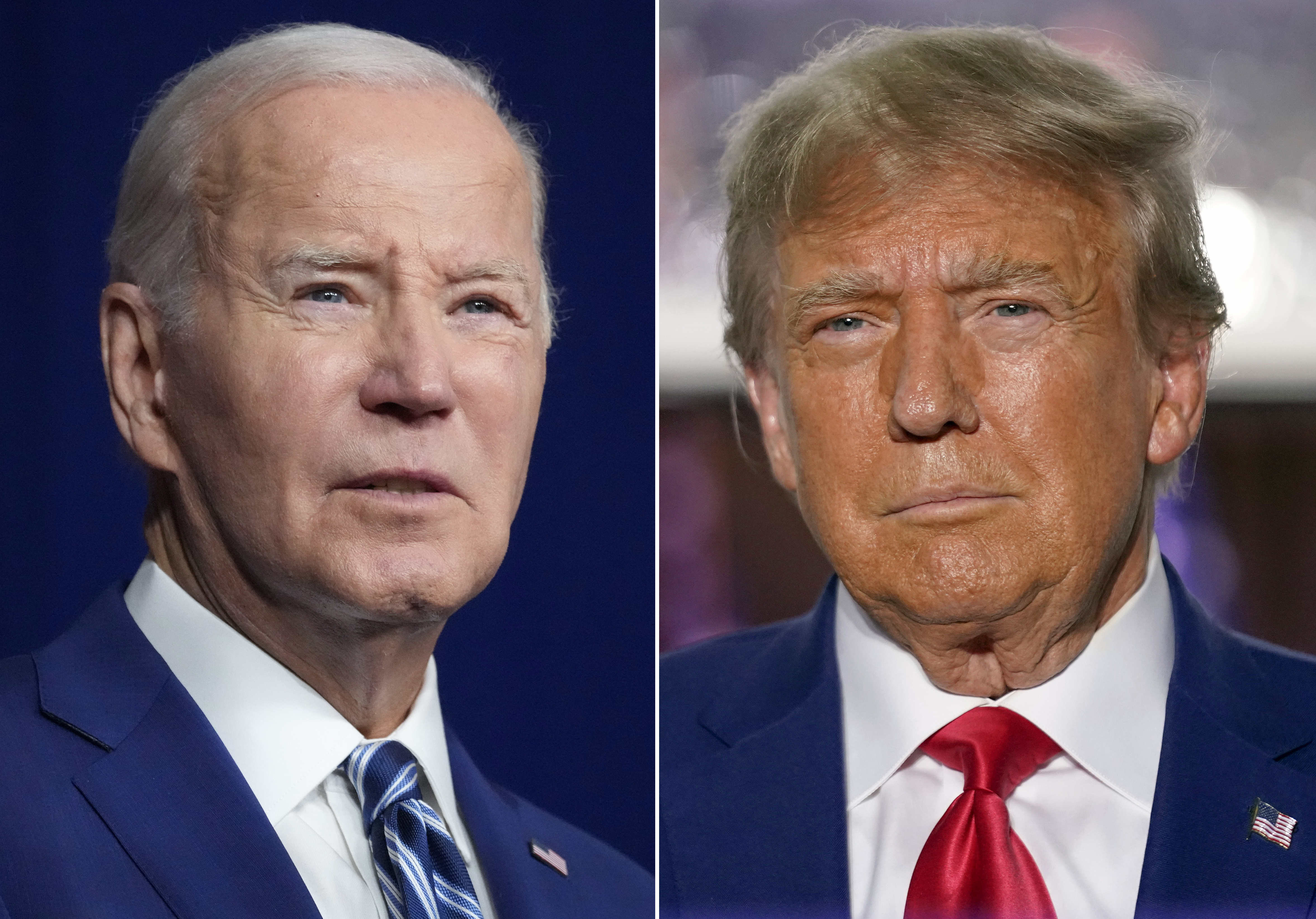 En esta combinación de fotografías, el presidente Joe Biden, a la izquierda, habla el 10 de agosto de 2023 en Salt Lake City, y el expresidente Donald Trump habla el 13 de junio de 2023 en Bedminster, Nueva Jersey. Biden y Trump harán viajes de duelo al Frontera entre Estados Unidos y México en Texas el jueves 29 de febrero de 2024, luego del fallido acuerdo fronterizo al que se opuso el favorito republicano.