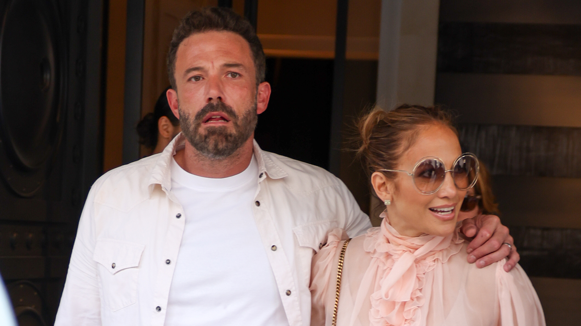 PARIS, FRANCE - JULY 25: Jennifer Lopez and Ben Affleck are seen leaving the Costes Hotel on July 25, 2022 in Paris, France. (Photo by Pierre Suu/GC Images)