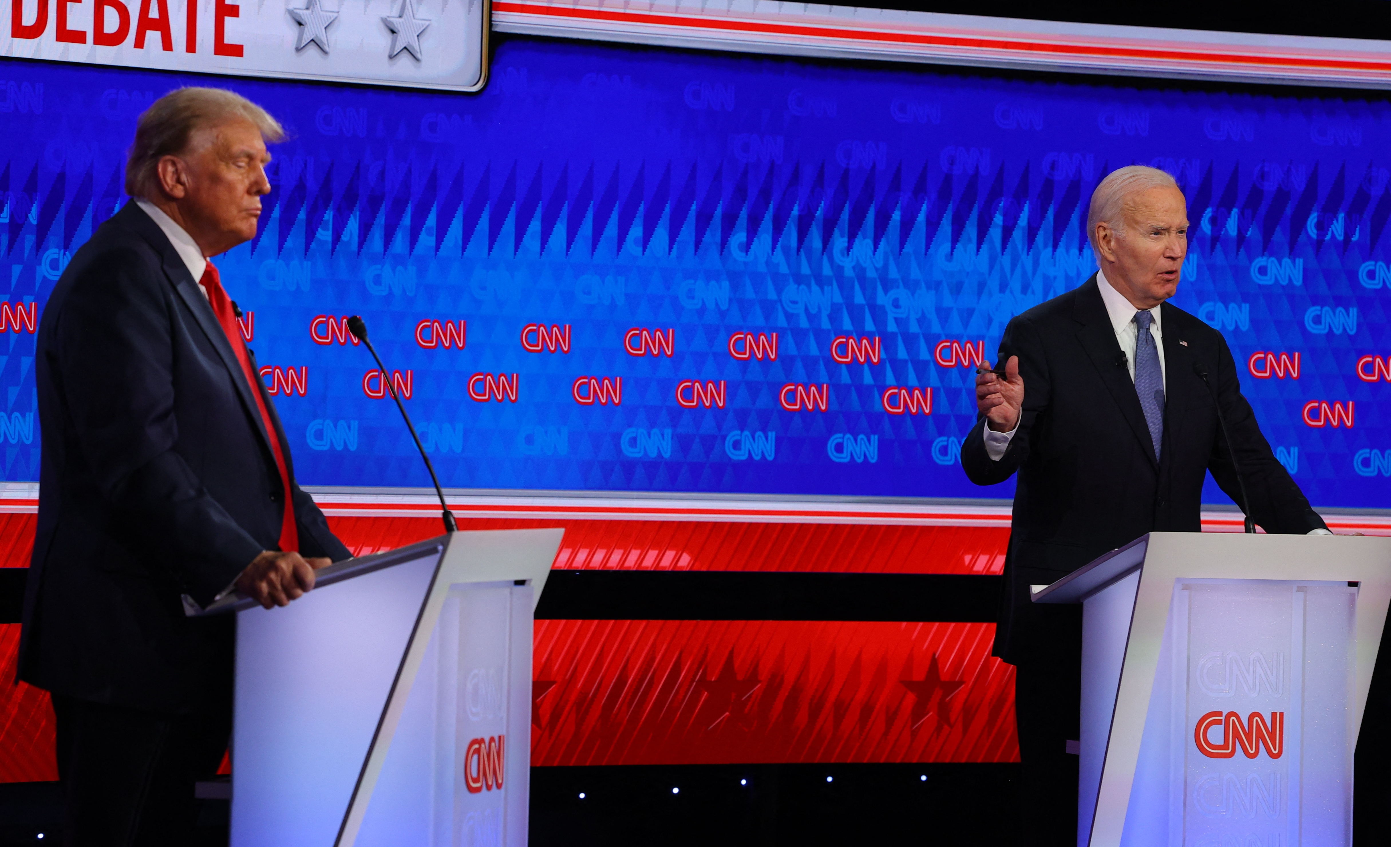 Democrat candidate, U.S. President Joe Biden, speaks during a presidential debate with Republican candidate, former U.S. President Donald Trump, in Atlanta, Georgia, U.S., June 27, 2024. REUTERS/Brian Snyder