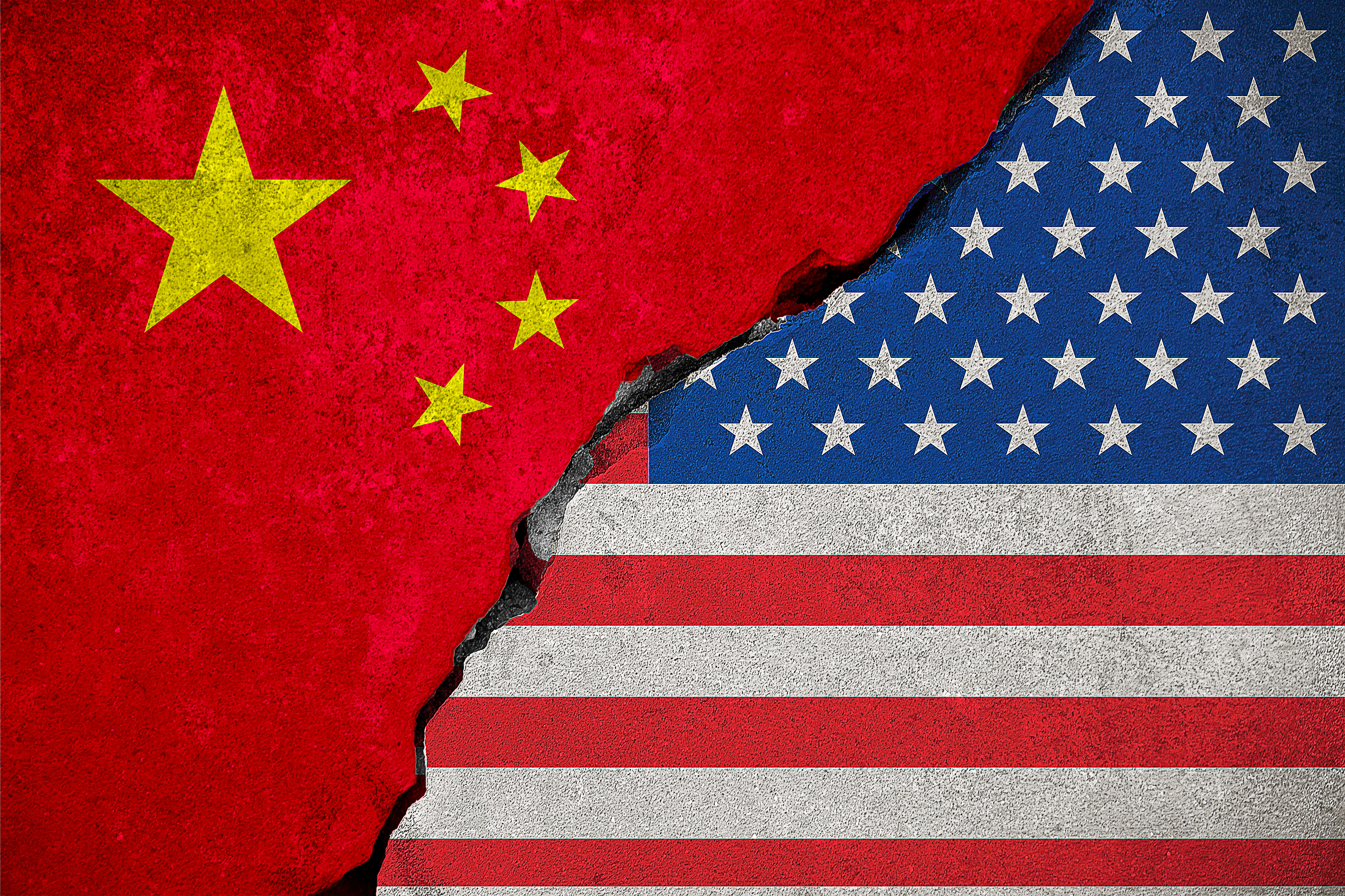 flag of the republic of china on broken brick wall and half usa united states of america flag, crisis president and china for nuclear atomic and customs duties on products tax export, import concept