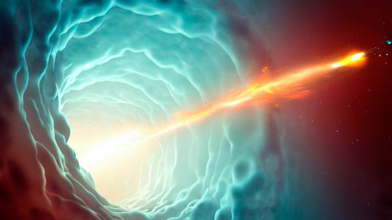 Ilustración de un cohete espacial abriendo un hueco en la ionosfera.