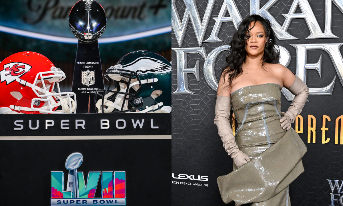 Phoenix, USA. 08th Feb, 2023. The Vince Lombardi trophy and helmets for the  Chiefs and Eagles sit on a display ahead of Commissioner Roger Goodell's  Super Bowl LVII press conference at the