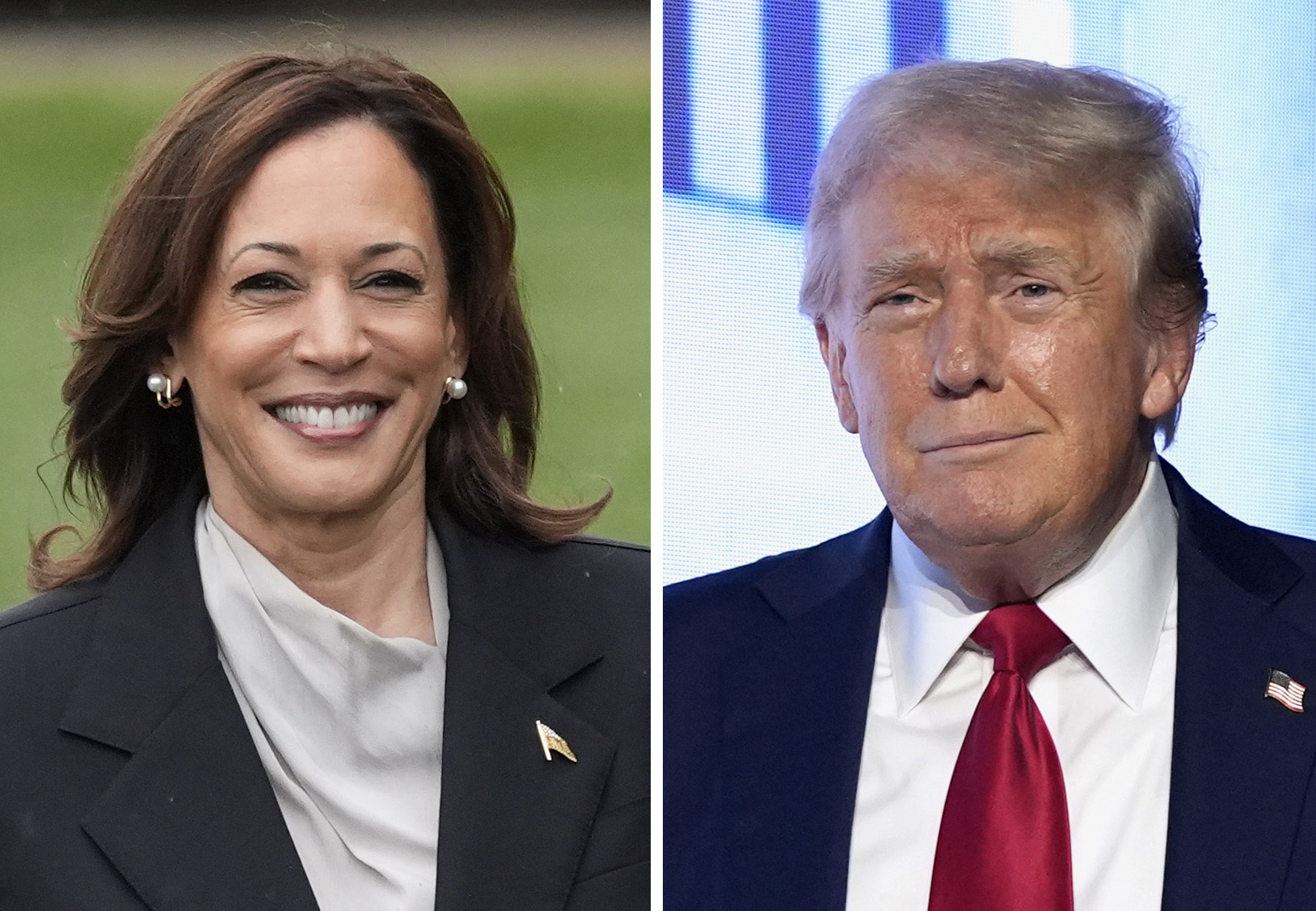 Esta foto combinada muestra a la vicepresidenta Kamala Harris, a la izquierda, en la Casa Blanca en Washington, el 22 de julio de 2024, y al candidato presidencial republicano, el expresidente Donald Trump, en un evento el 26 de julio de 2024, en West Palm Beach, Florida. (AP Foto)