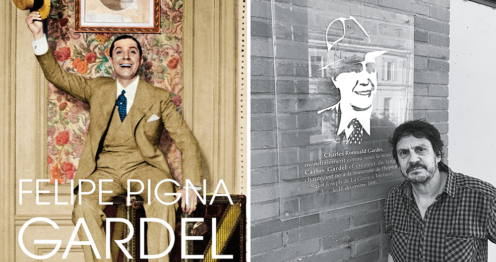 Felipe Pigna frente a la placa ubicada en la puerta del Hospital de La Grave de Toulouse, que recuerda el nacimiento de Charles Romuald Gardes el 11 de diciembre de 1890.