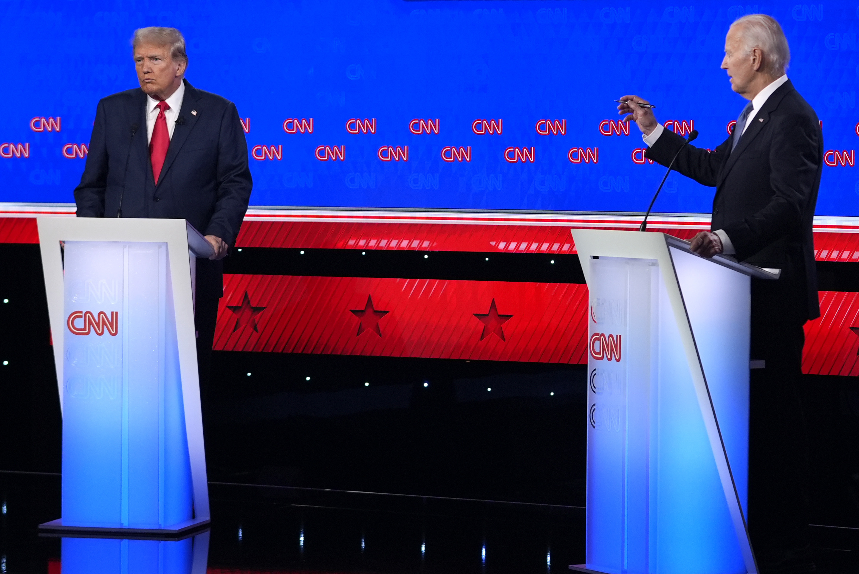 President Joe Biden, right, and Republican presidential candidate former President Donald Trump, left, participate in a presidential debate hosted by CNN, Thursday, June 27, 2024, in Atlanta. (AP Photo/Gerald Herbert)