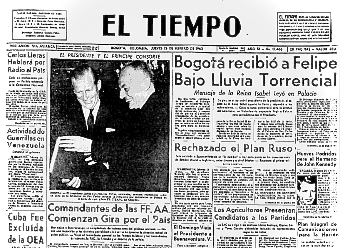 El Tiempo destacó en primera plana la visita con grandes titulares y esta foto con el presidente Alberto Lleras Camargo.