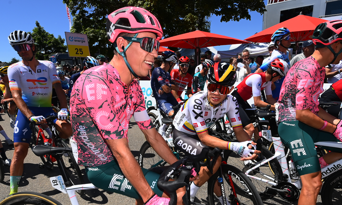 KUSNACHT, SWITZERLAND - JUNE 12: (L-R) Rigoberto Uran Uran of Colombia and Team EF Education - Easypost and Sergio Andres Higuita Garcia of Colombia and Team Bora - Hansgrohe prior to the 85th Tour de Suisse 2022 - Stage 1 a 177,6km stage from Kusnacht to Kusnacht 679m / #ourdesuisse2022 / #WorldTour / on June 12, 2022 in Kusnacht, Switzerland. (Photo by Tim de Waele/Getty Images)