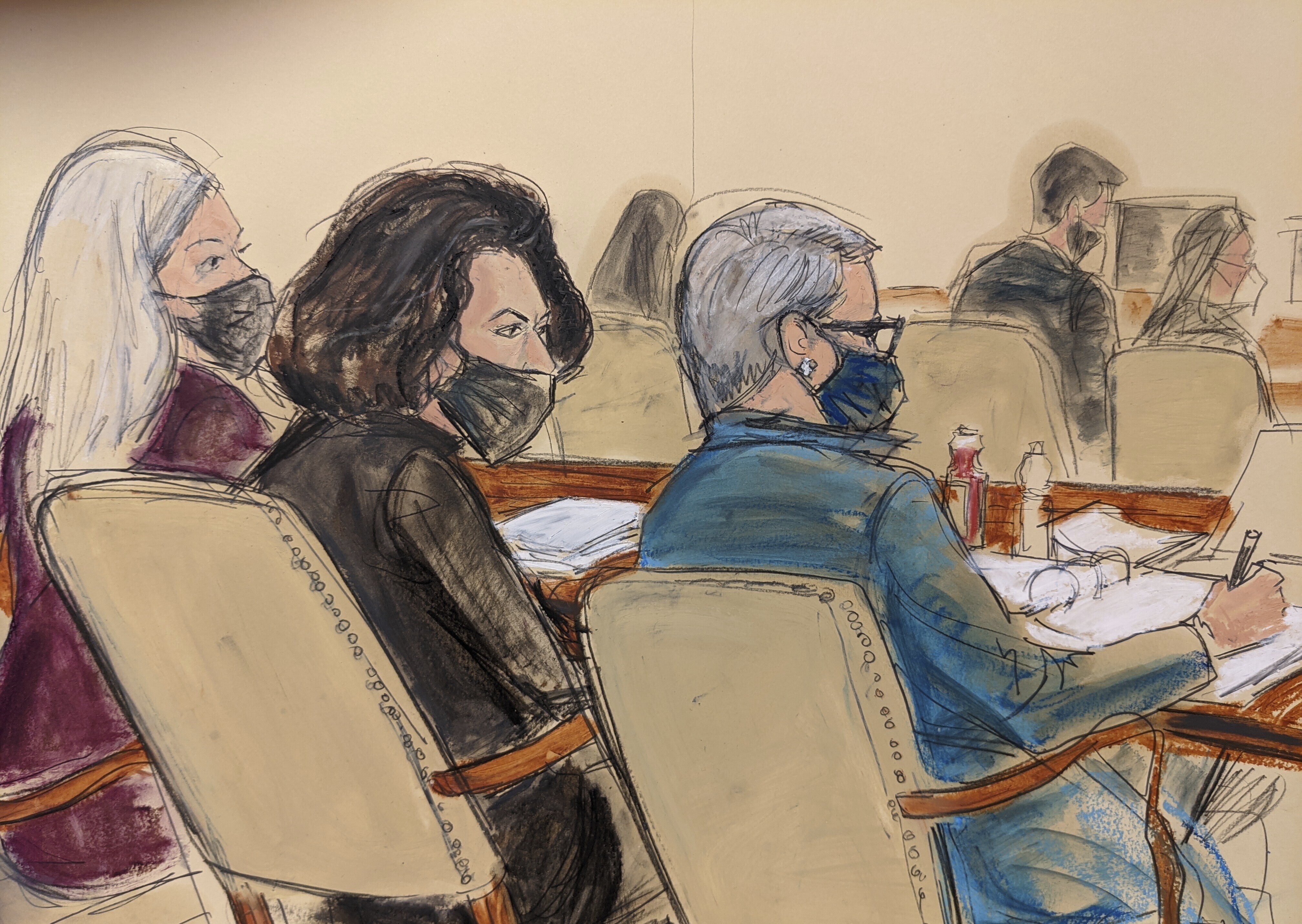 This courtroom sketch shows Ghislaine Maxwell, center, seated in court during jury selection, flanked by her attorneys Laura Menninger, left, and Bobbi Sternheim, right, during jury selection, Tuesday Nov. 16, 2021. (Elizabeth Williams via AP)