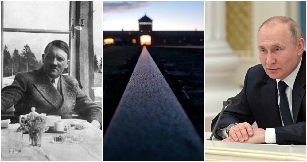 El exdictador alemán Adolf Hitler, el campo de concentración de Auschwitz, en Polonia, y Vladimir Putin, presidente de Rusia