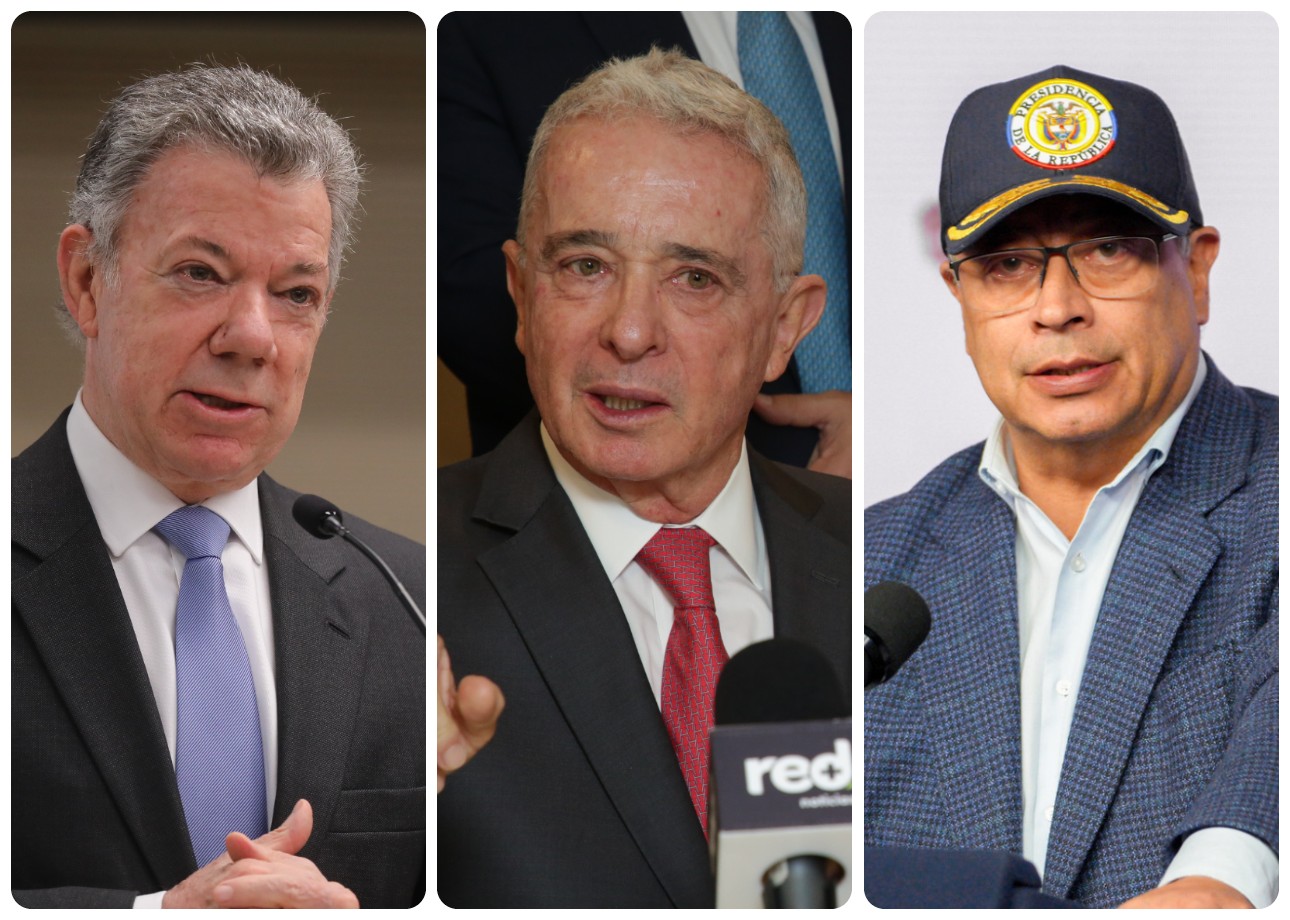 Los expresidentes Juan Manuel Santos y Álvaro Uribe y el presidente Gustavo Petro.