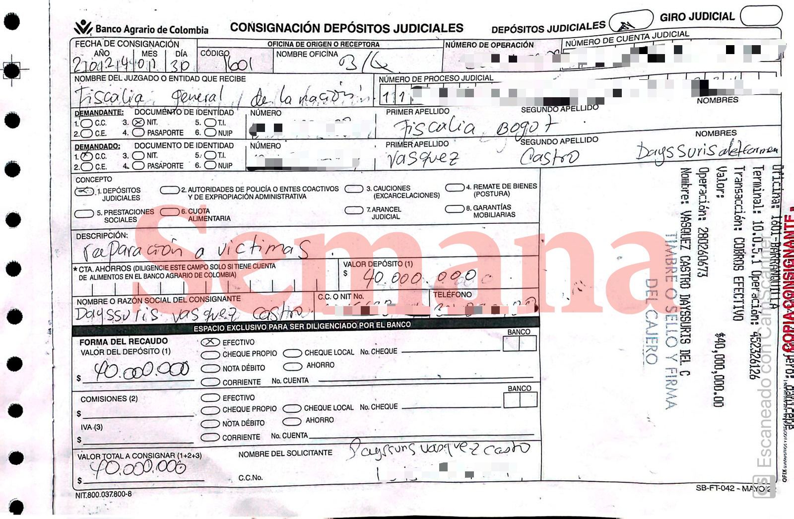 Day Vásquez pagó los 40 millones de pesos como compromiso de reparación