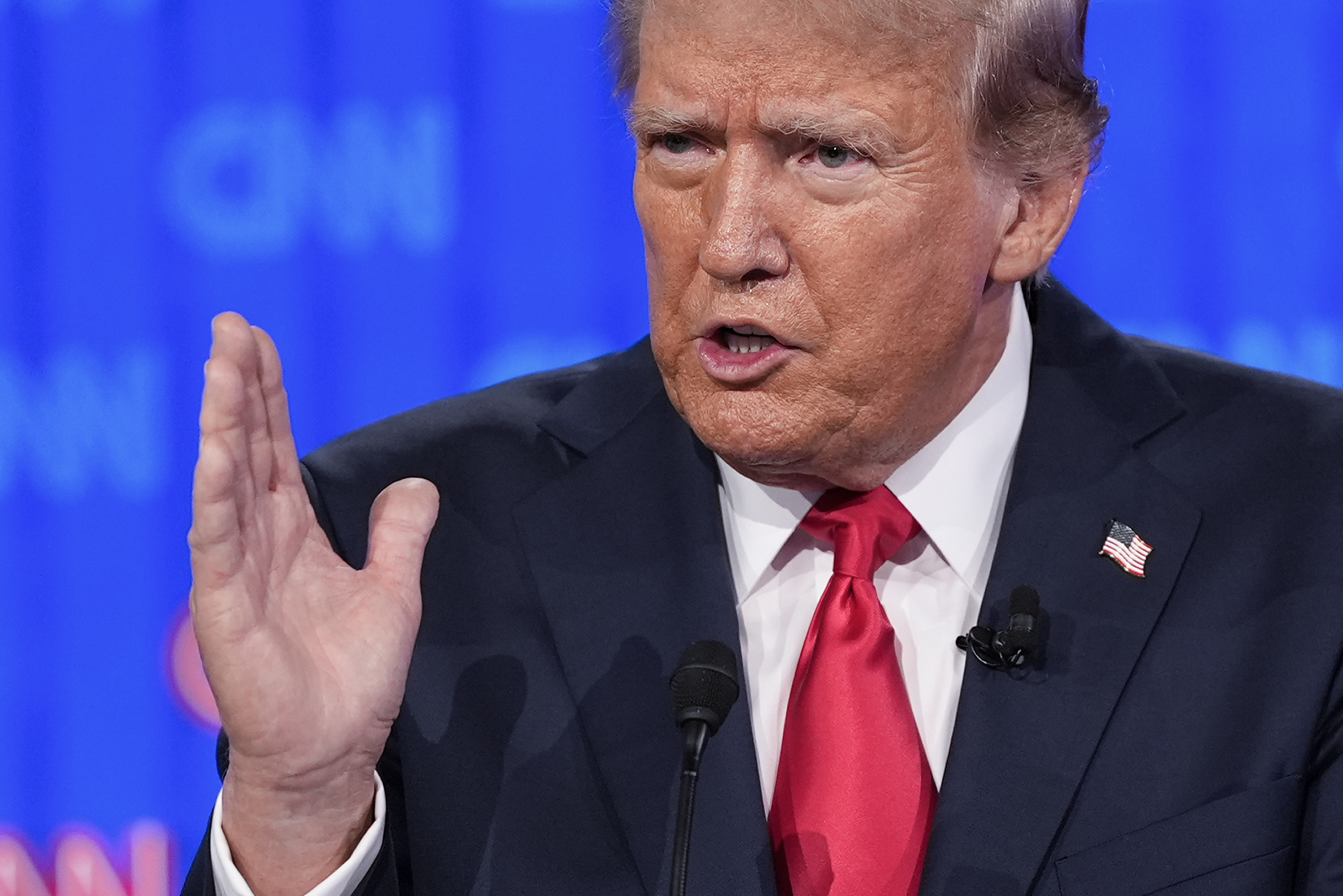 Republican presidential candidate former President Donald Trump gestures during a presidential debate with Joe Biden, Thursday, June 27, 2024, in Atlanta. (AP Photo/Gerald Herbert)