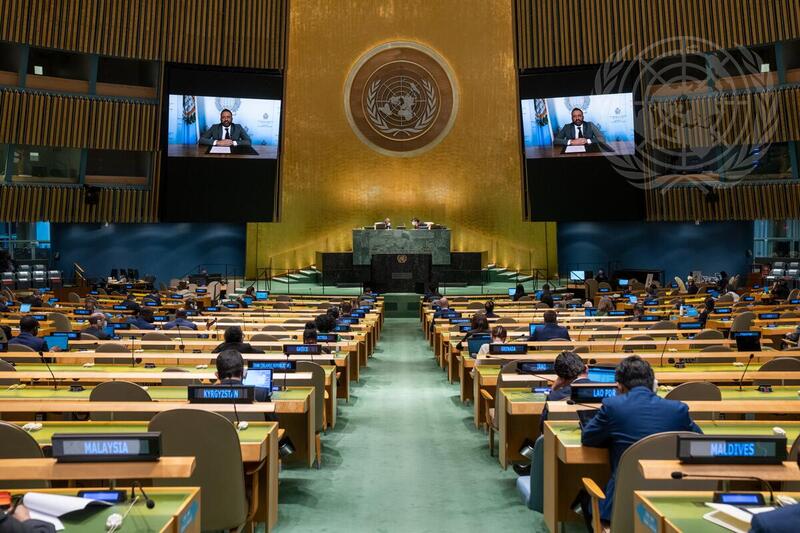 Luca Beccari (on screens), Minister for Foreign Affairs, International Economic Cooperation and Telecommunications of the Republic of San Marino, addresses the general debate of the General Assembly’s seventy-sixth session.