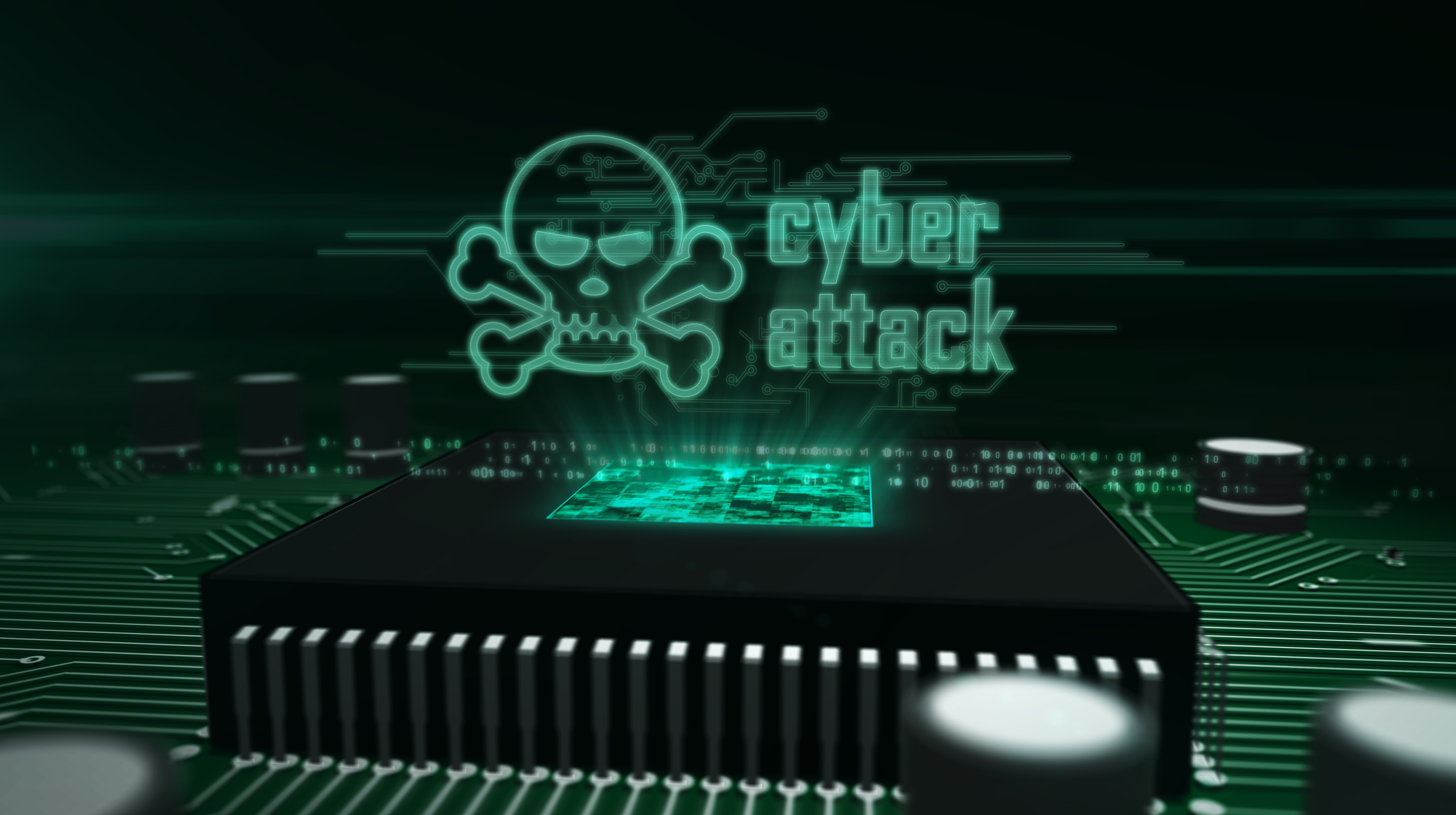 Cyber attack and skull glowing hologram over working cpu in background. Danger alert, threat, infection and warning abstract concept with skull symbol. Futuristic 3d illustration.