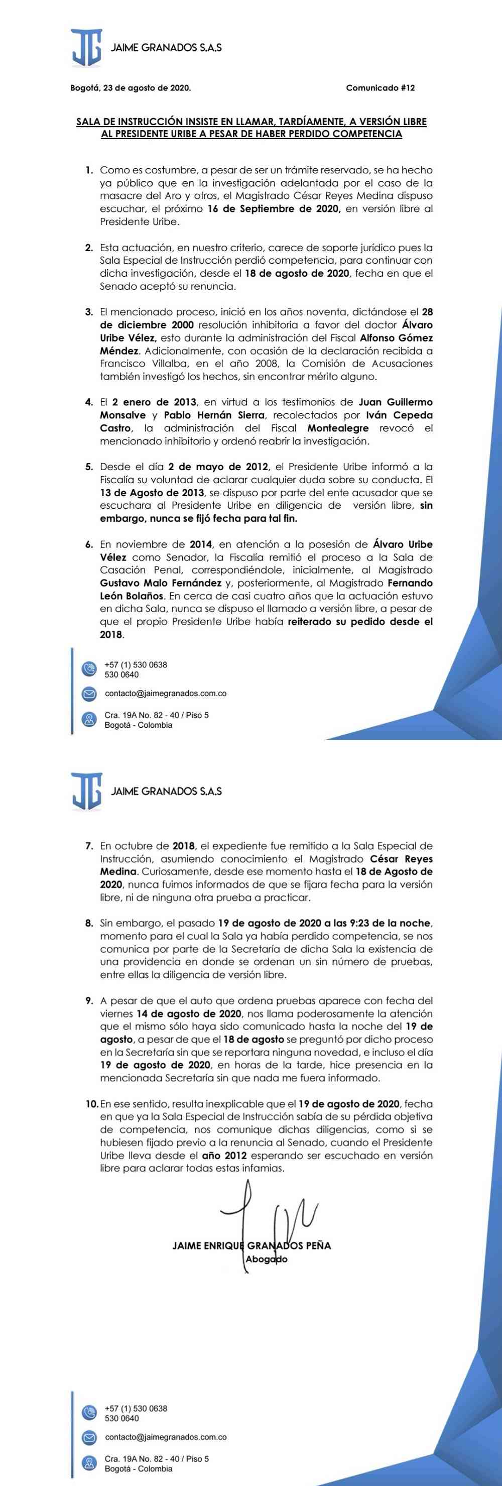 Comunicado defensa de &Aacute;lvaro Uribe