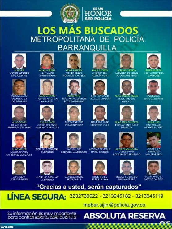 Cartel de los más buscados en el departamento del Atlántico.