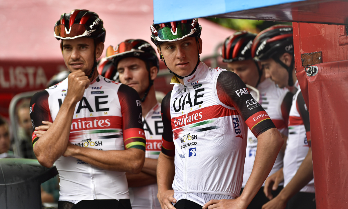 UAE Team Emirates's Tadej Pogacar, center, before to start the San Sebastian Cycling Classic race, in San Sebastian, northern Spain, Saturday, July 30, 2022. (AP Photo/Alvaro Barrientos)