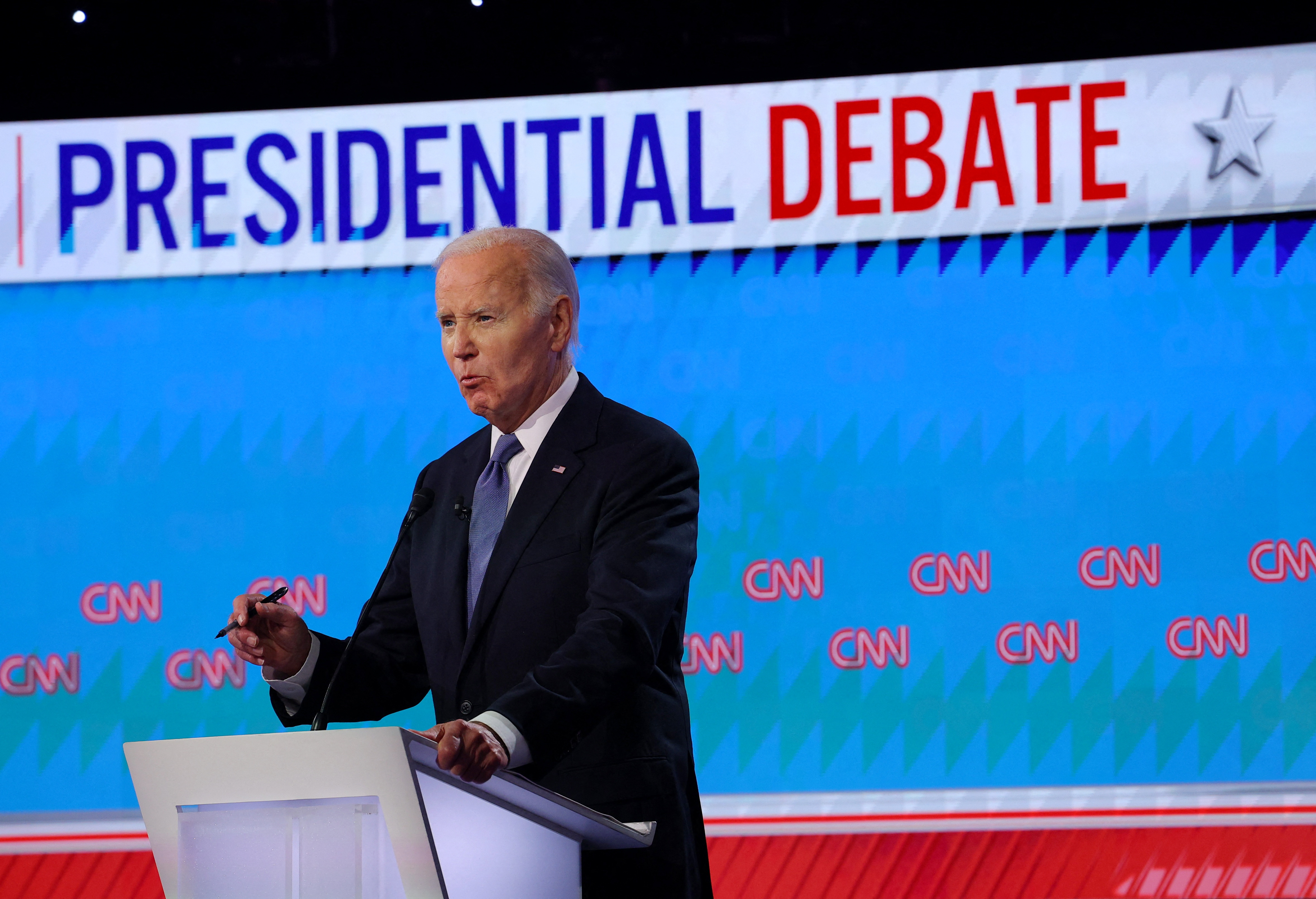 Democrat candidate, U.S. President Joe Biden, speaks during a presidential debate with Republican candidate, former U.S. President Donald Trump, in Atlanta, Georgia, U.S., June 27, 2024. REUTERS/Brian Snyder
