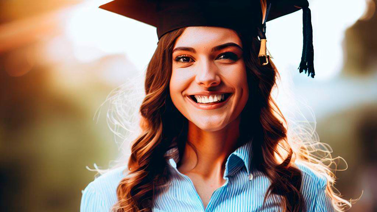 Ilustración de una estudiante universitaria recién graduada.