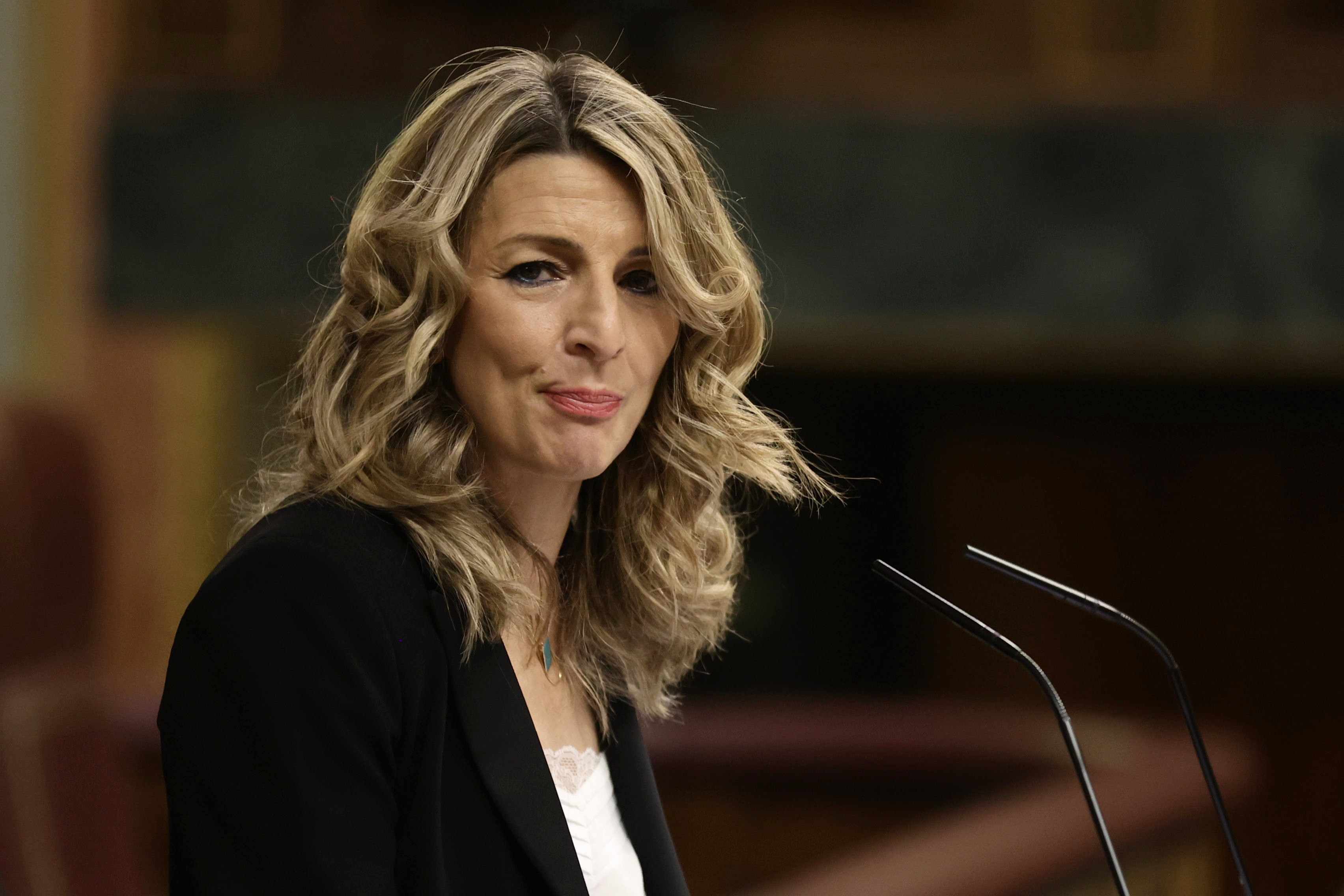 MADRID, SPAIN - FEBRUARY 03: The Second Vice-President of the Government and Minister of Labor and Social Economy, Yolanda Diaz, speaks during a plenary session at the Congress of Deputies, on February 3, 2022, in Madrid, Spain. During the plenary session, they have addressed, among other issues, the debate and vote on the labor reform. A reform which, according to the central Executive, allows to improve the conditions of the workers, and gives legal certainty to the companies. The Government has within its reach a sufficient majority to achieve the validation of the decree law without the need to modify it, thanks to the votes of Ciudadanos, UPN and PDeCat. (Photo By Eduardo Parra/Europa Press via Getty Images)