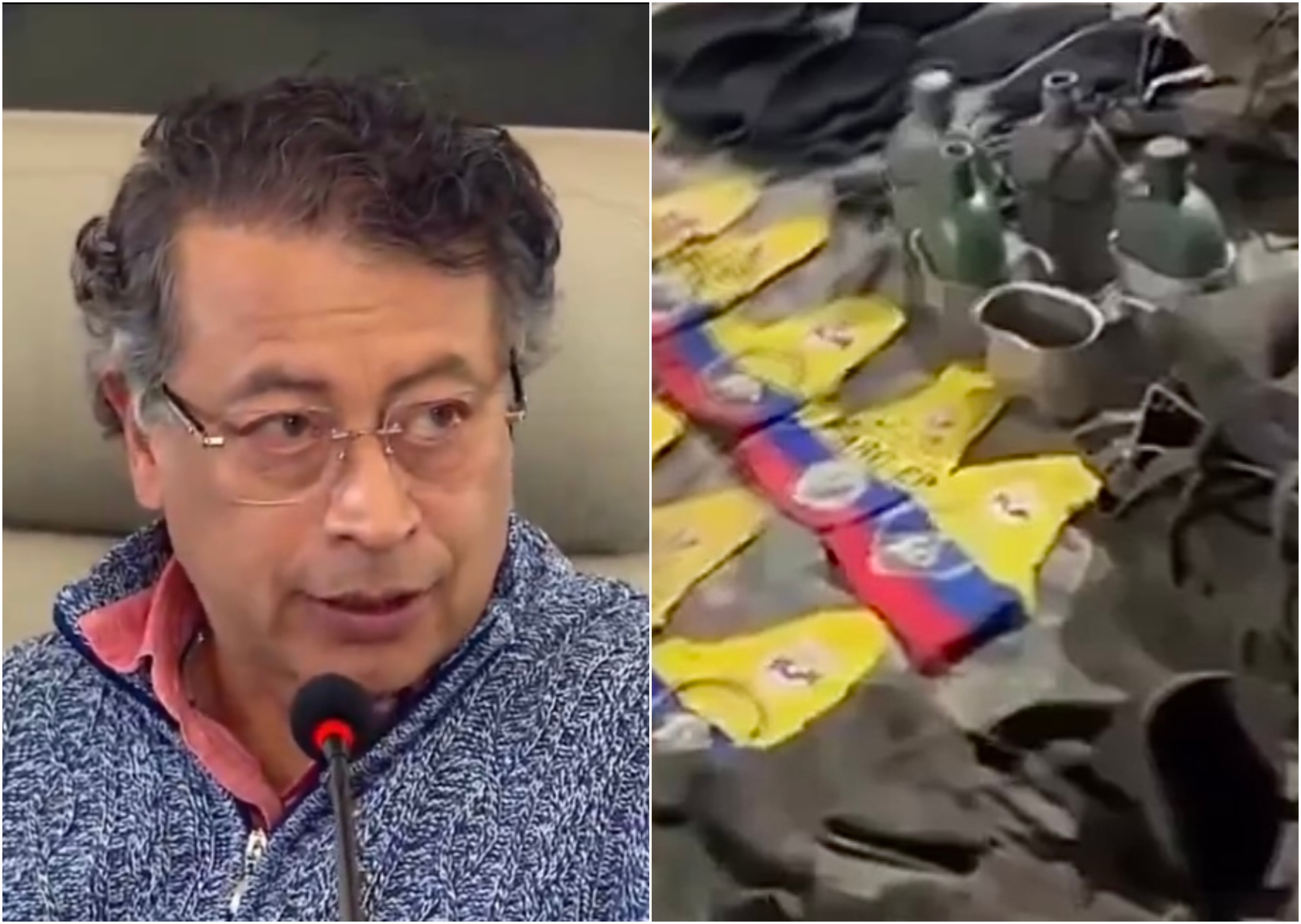 Gustavo Petro y material incautado a disidencias de Iván Mordisco