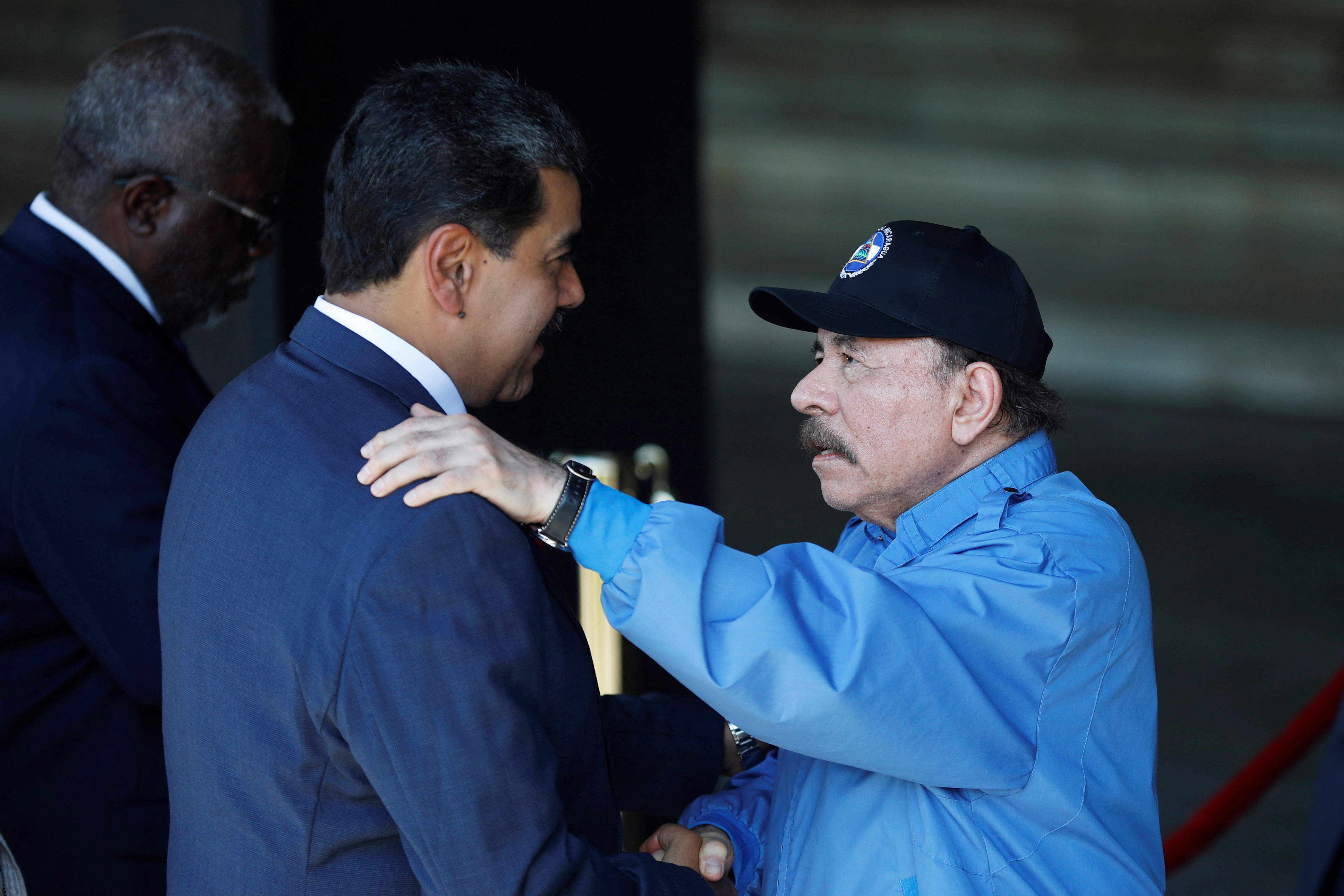 Nicaragua's President Daniel Ortega talks with Venezuela's President Nicolas Maduro during the G77+China summit in Havana, Cuba, September 15, 2023. REUTERS/Alexandre Meneghini