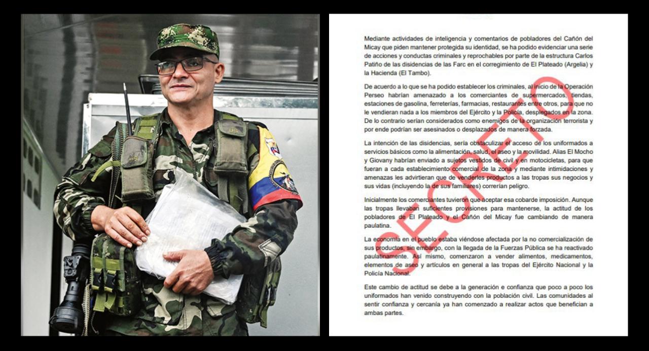 Documento de inteligencia de la fuerza pública sobre acciones contra la comunidad de las disidencias de las Farc en El Plateado, Cauca.