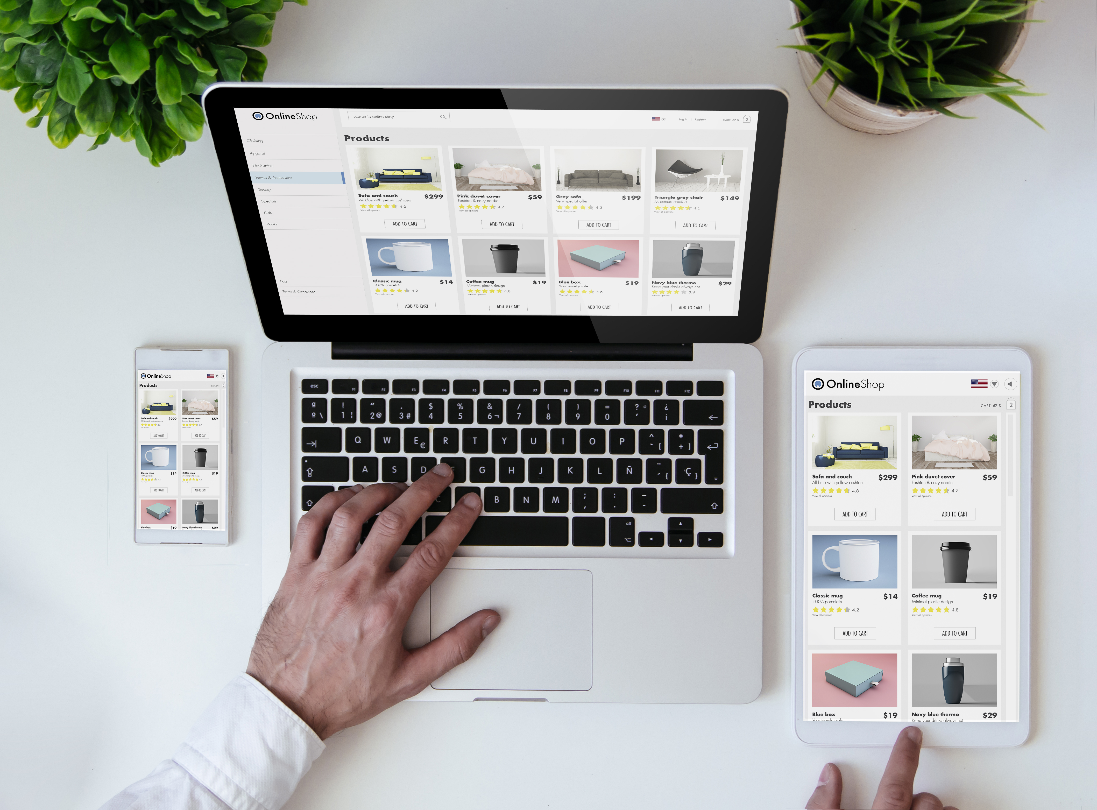 mesa de oficina con tableta, teléfono inteligente y computadora portátil que muestra el sitio web de diseño receptivo de la tienda en línea