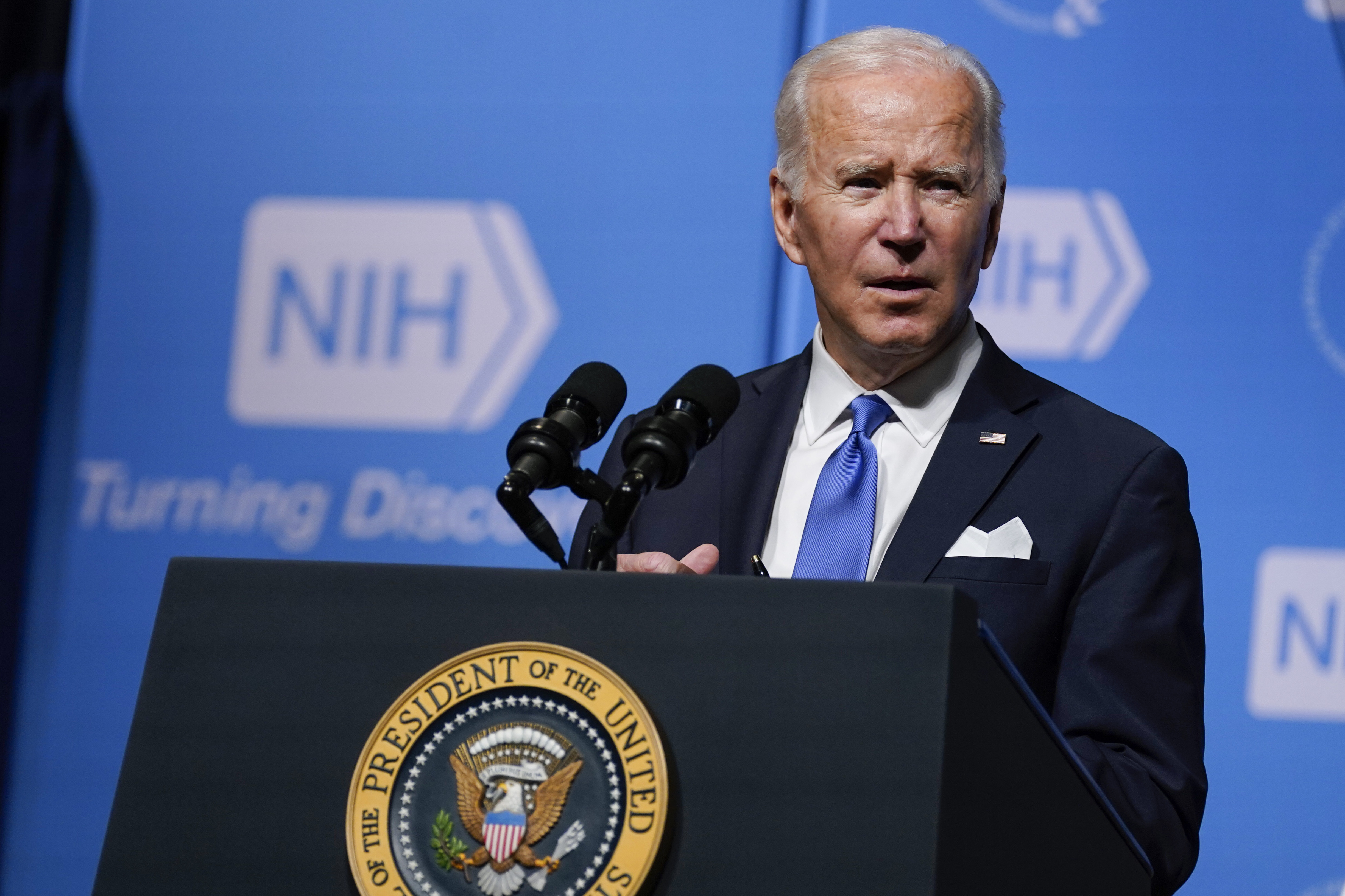 President Joe Biden speaks about the COVID-19 variant named omicron during a visit to the National Institutes of Health, Thursday, Dec. 2, 2021, in Bethesda, Md. (AP Photo/Evan Vucci)