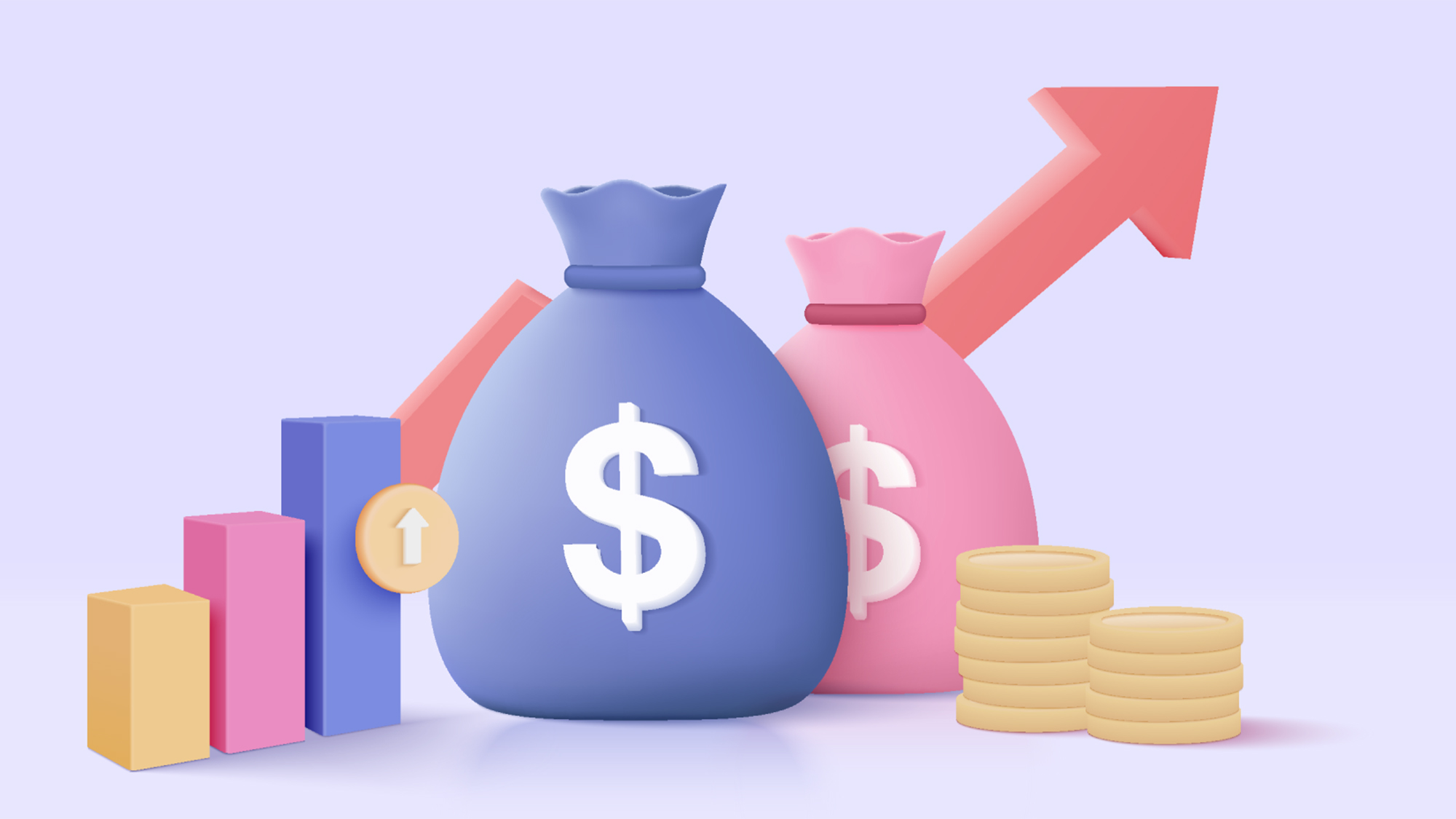 Bolsas de dinero 3D y ahorro de pilas de monedas en segundo plano. Bolsas de dinero que crecen el concepto de negocio para finanzas, inversiones, pagos en línea y pagos. 3d ganar dinero vector render aislado sobre fondo pastel