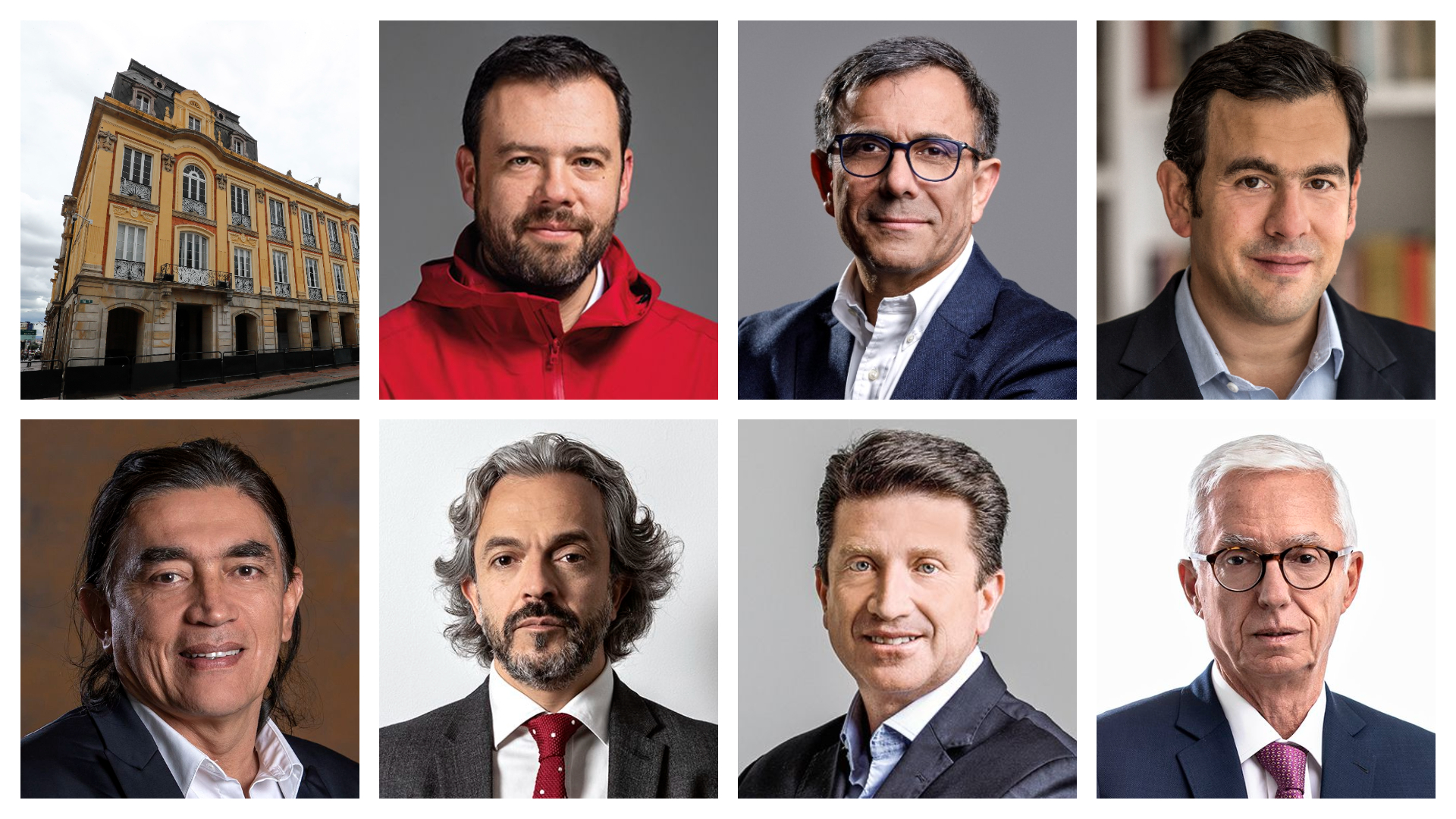 Candidatos a la alcaldía de Bogotá. Arriba de izquierda a derecha: Carlos Fernando Galán, Jorge Luis Vargas y Rodrigo Lara. Abajo de izquierda a derecha: Gustavo Bolívar, Juan Daniel Oviedo, Diego Molano y Jorge Robledo.