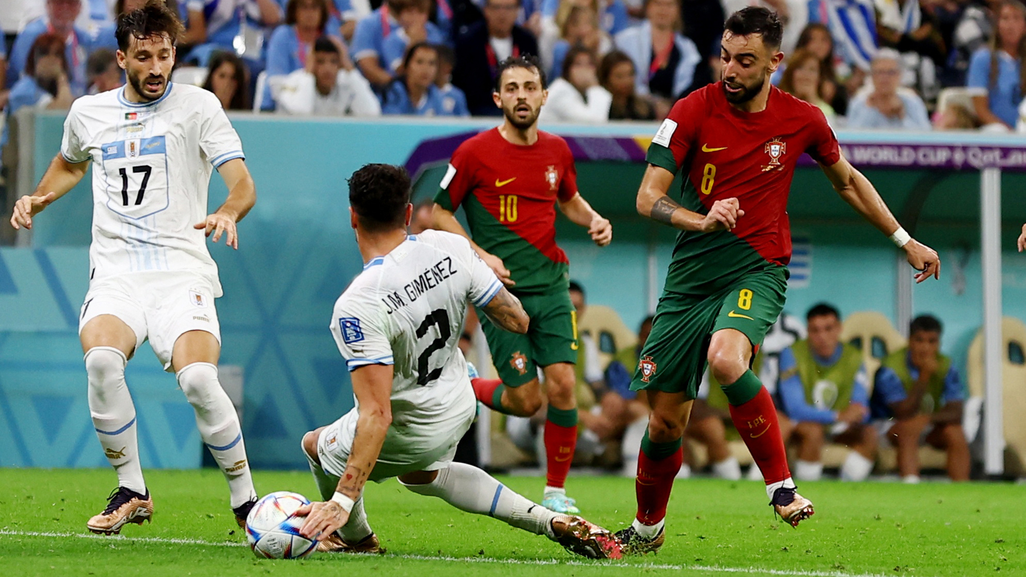 Soccer Football - FIFA World Cup Qatar 2022 - Group H - Portugal v Uruguay - Lusail Stadium, Lusail, Qatar - November 28, 2022Uruguay's Jose Maria Gimenez handles the ball in the area and concedes a penalty kick REUTERS/Lee Smith