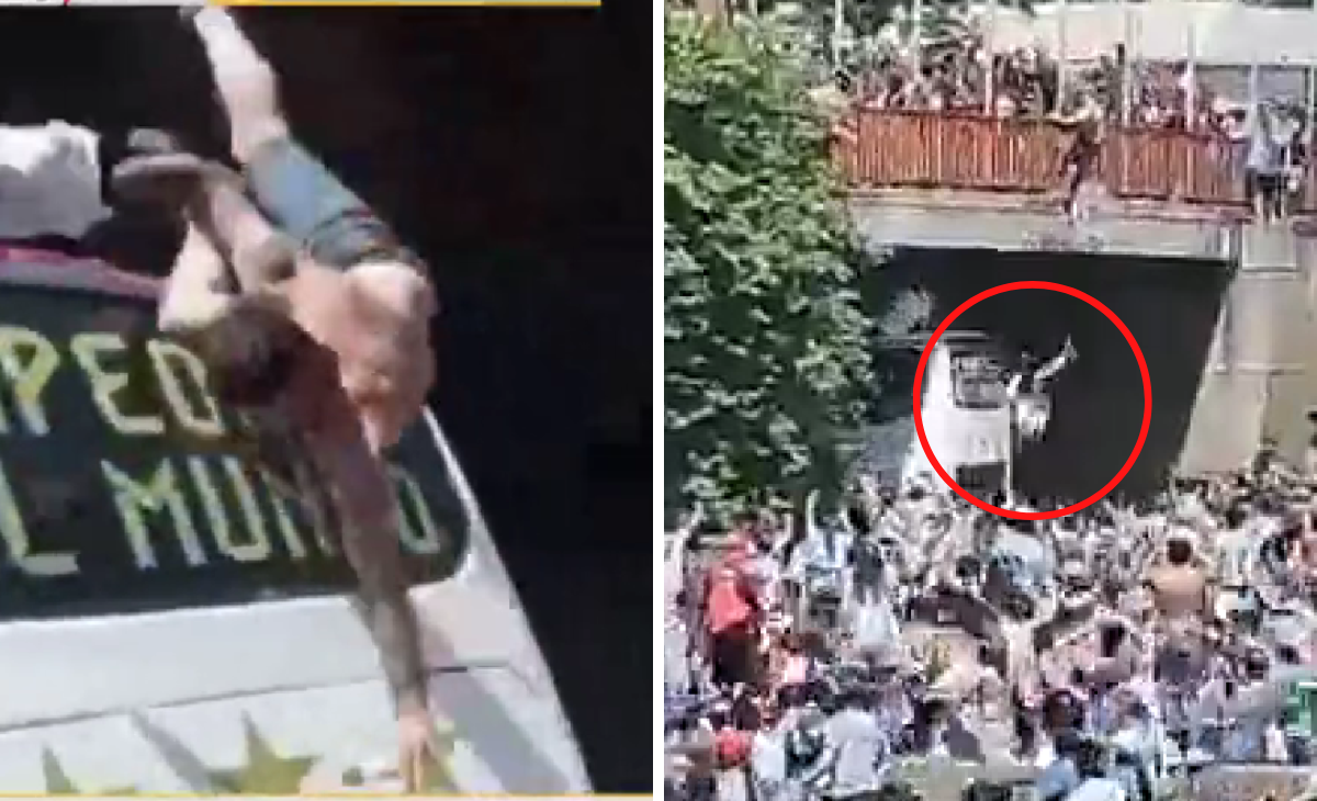 Hinchas argentinos se lanzaron al bus de la selección y cayeron al vacío.