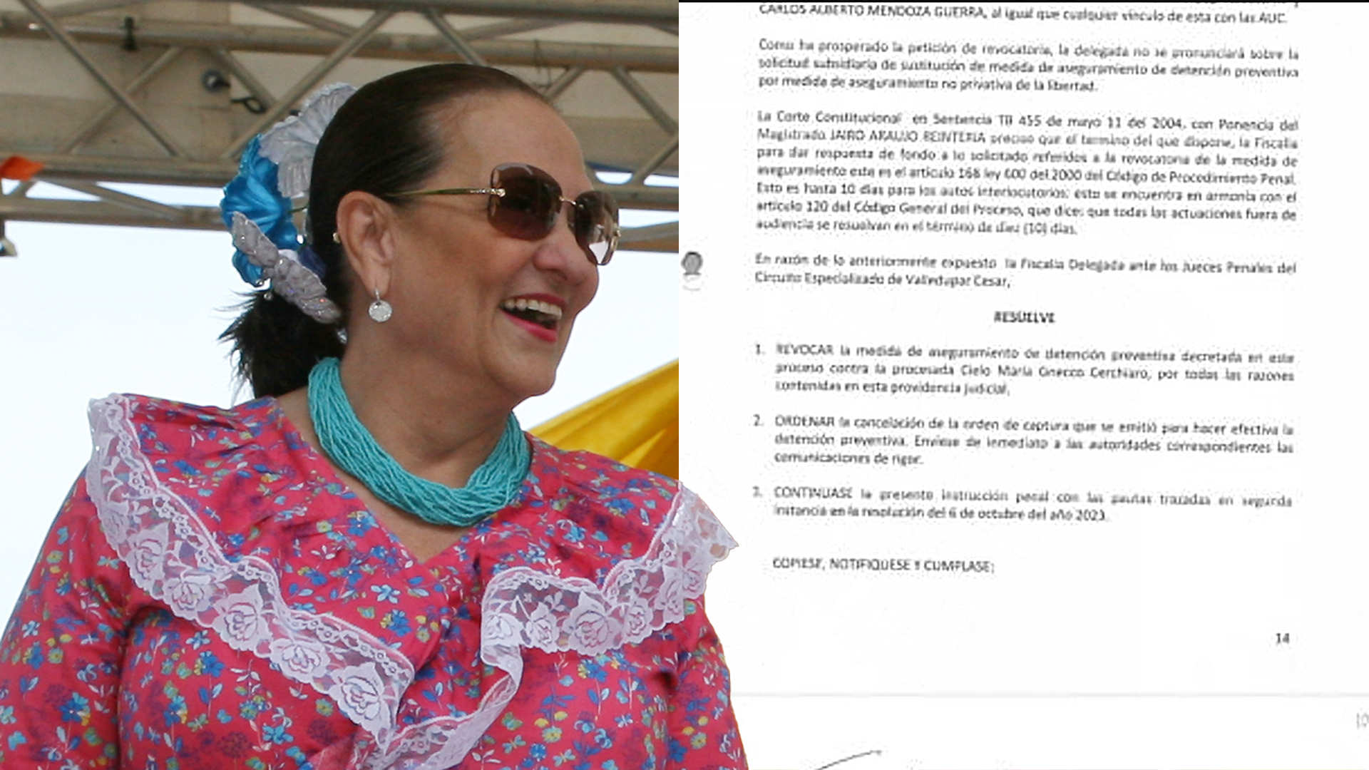 Documento que revoca la orden de captura contra Cielo Gnecco.