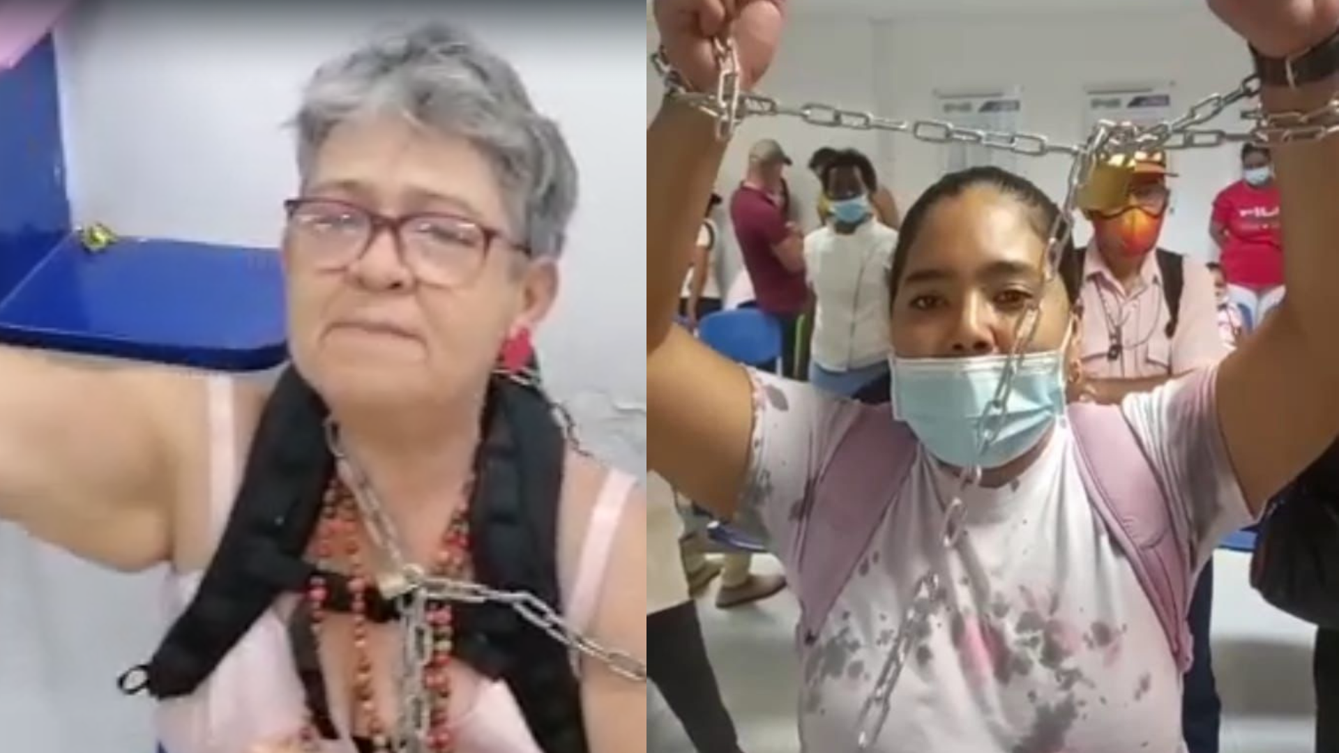 Tres mujeres se encadenaron en una de las sede de la EPS.  En esta foto están Nidia Marulanda y Katerin Cabezas Olave.