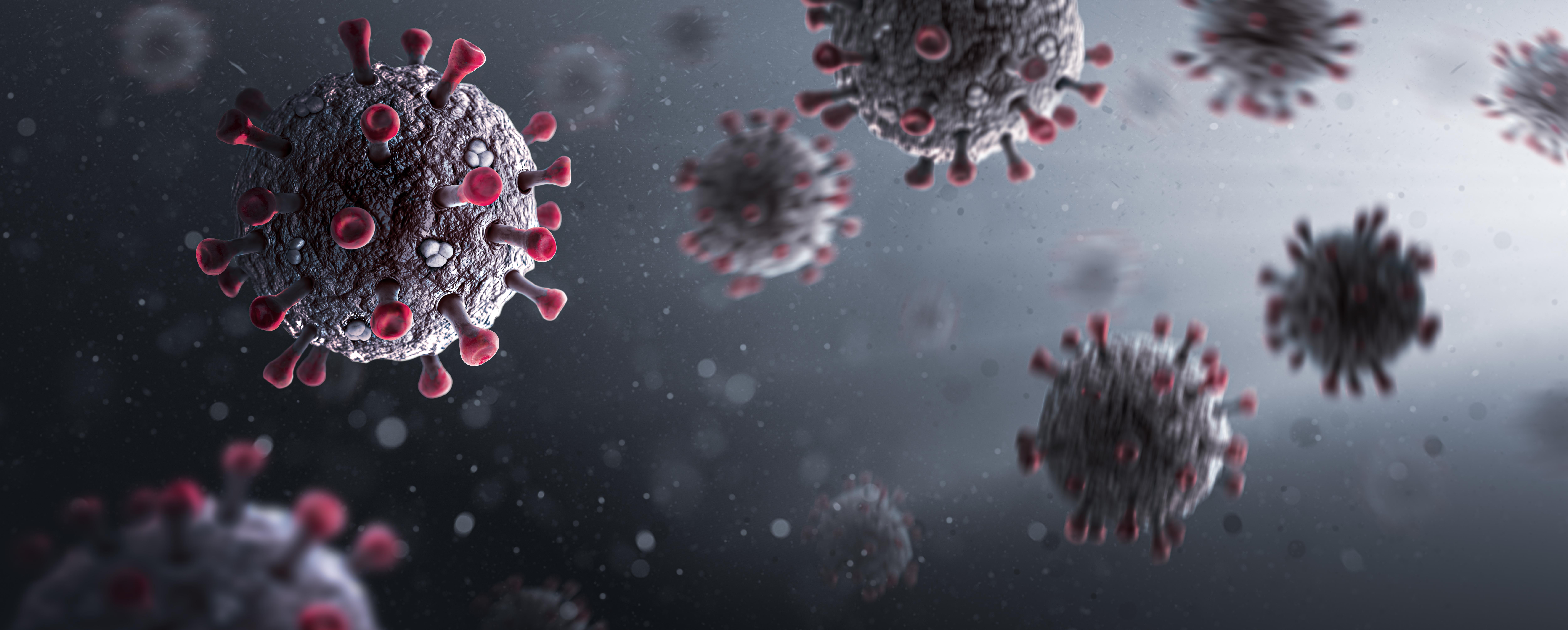 Virus. COVID-19. Representación de la estructura de la proteína de superficie. Coronavirus sobre fondo oscuro