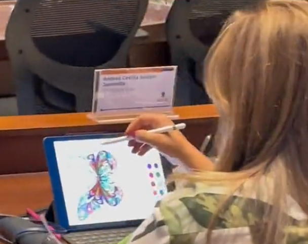 La directora de Planeación de Medellín, Andrea Cecilia Salazar, pintando mandalas en plena sesión por control político.
