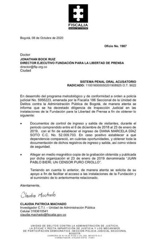 Carta de la Fiscalía a la Flip por el caso de Juan Pablo Bieri