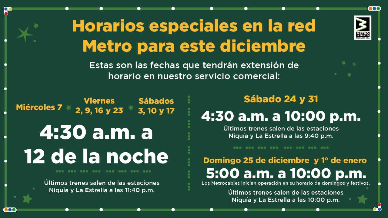 Atención: el Metro de Medellín tendrá un horario especial en diciembre; así  funcionará