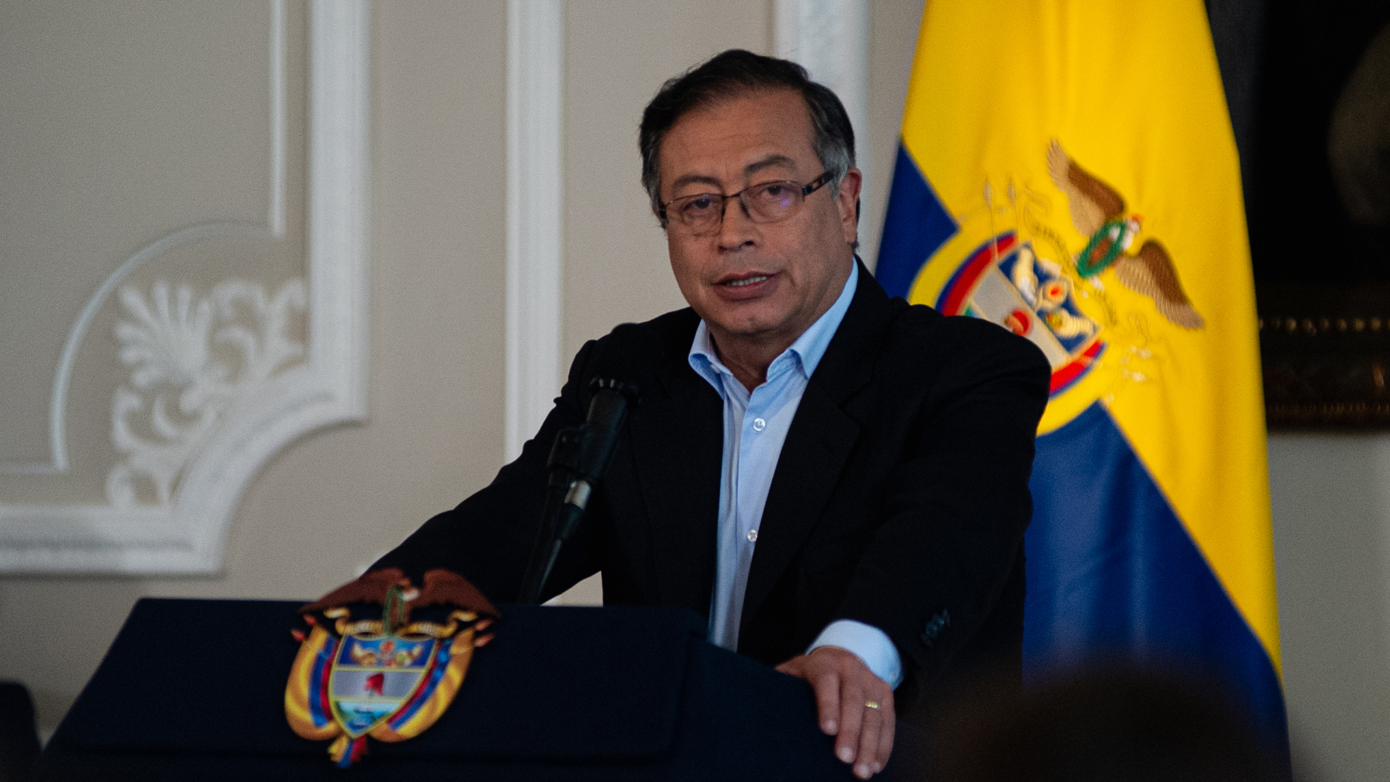 El presidente colombiano Gustavo Petro habla durante una conferencia de prensa sobre los primeros 100 días de su gobierno en el cargo, en Bogotá, Colombia, el 15 de noviembre de 2022. Foto de: Chepa Beltran/Long Visual Press (Foto de: Chepa Beltran/Long Visual Press/ Grupo de imágenes universales a través de Getty Images)