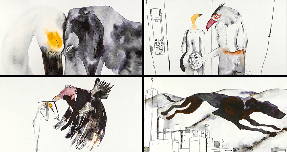 Las mujeres aquí son aves. Melo Gapert cuenta que, desde su primer corto animado, decidió ponerles picos a sus figuras humanas, pues no las dominaba, pero le quedó gustando. La perra es la perra con todo el amor que representa.