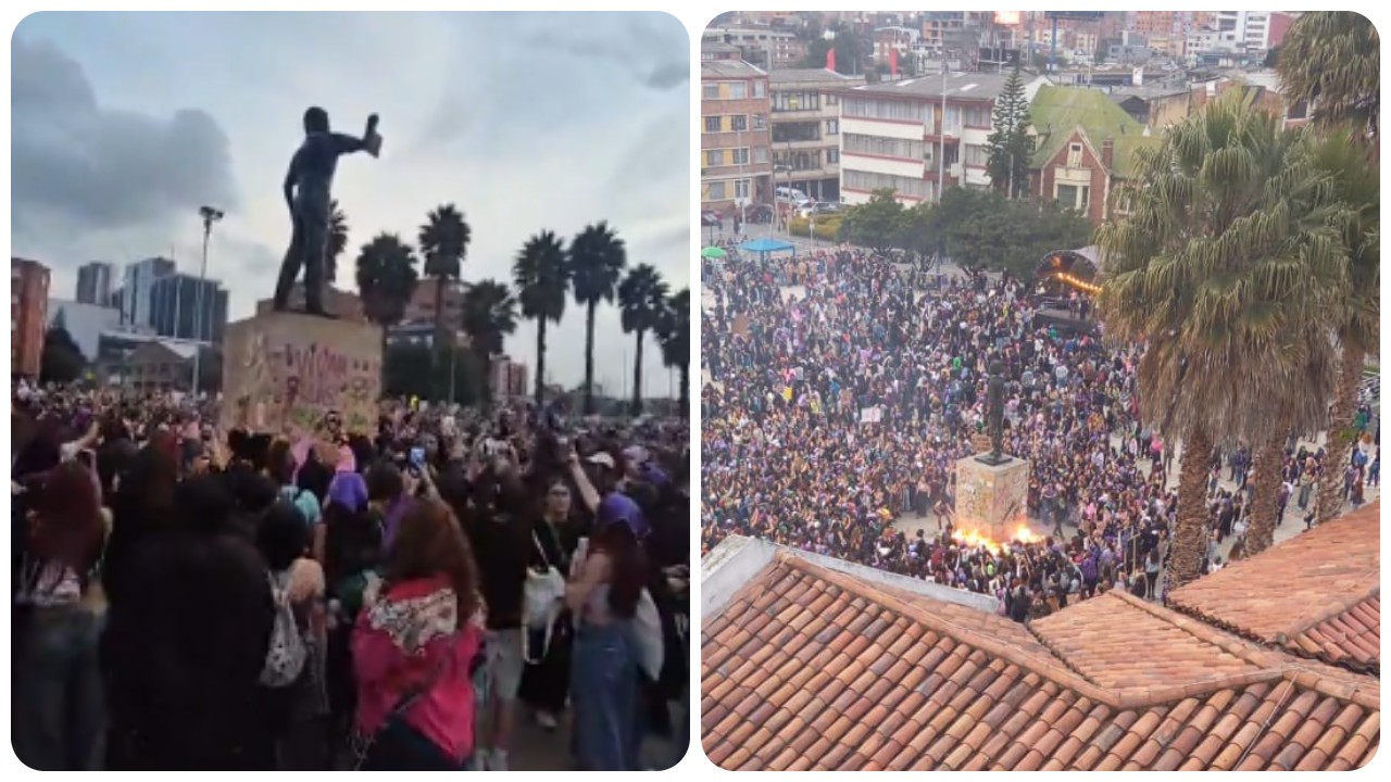 Manifestantes, en el día de la mujer, hacen quemas alrededor de la estatua de Luis Carlos Galán.