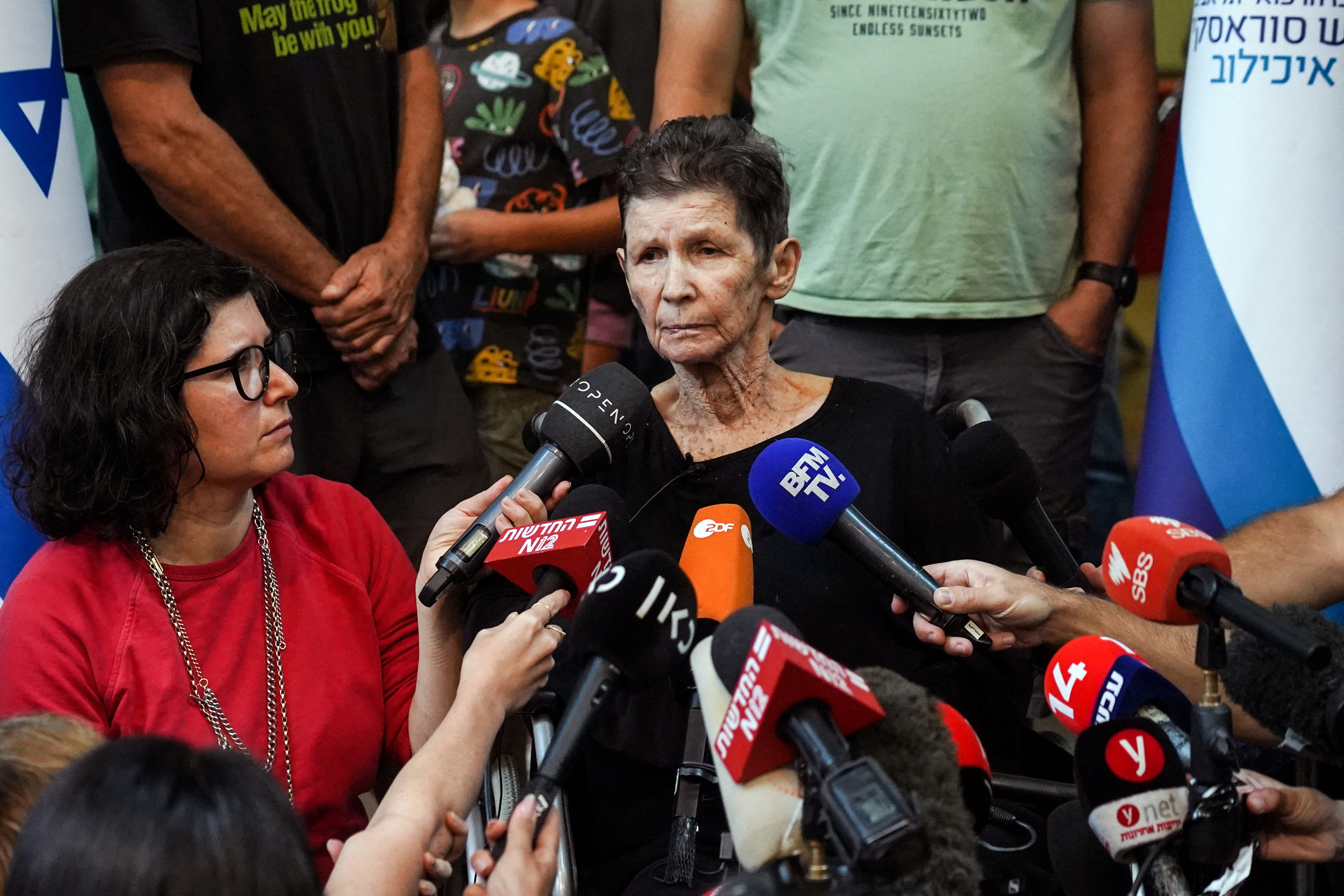 Yocheved Lifshitz, 85, an Israeli grandmother who was held hostage in Gaza, speaks to members of the press after being released by Hamas militants, at Ichilov Hospital in Tel Aviv, Israel October 24, 2023. REUTERS/Janis Laizans