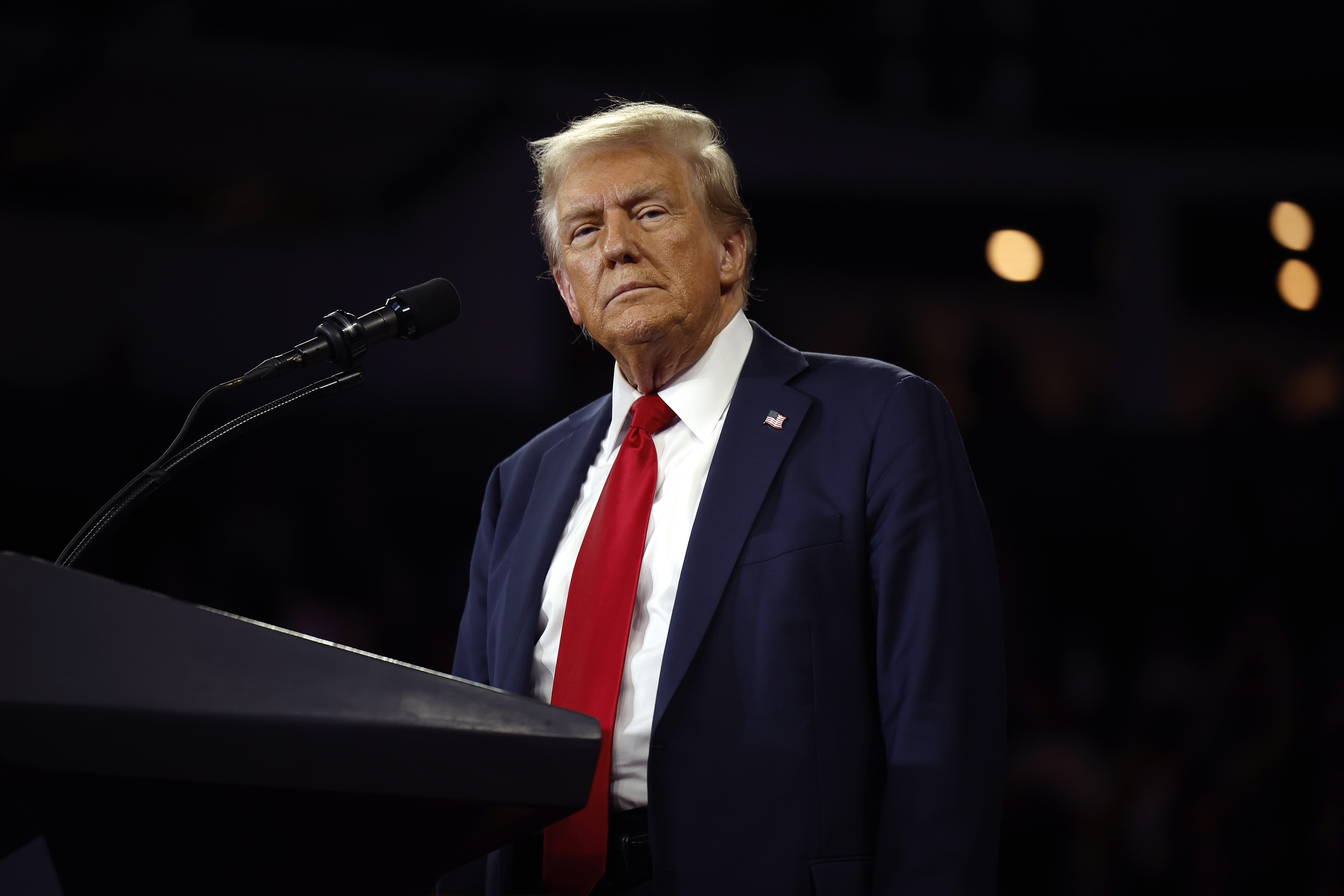 READING, PENNSYLVANIA - OCTOBER 09: Republican presidential nominee, former U.S. President Donald Trump delivers remarks at a campaign rally at the Santander Arena on October 09, 2024 in Reading, Pennsylvania. With 26 days until the presidential election, Trump is campaigning across the battleground state of Pennsylvania, including a stop earlier in the day in President Joe Biden's hometown of Scranton. (Photo by Chip Somodevilla/Getty Images)