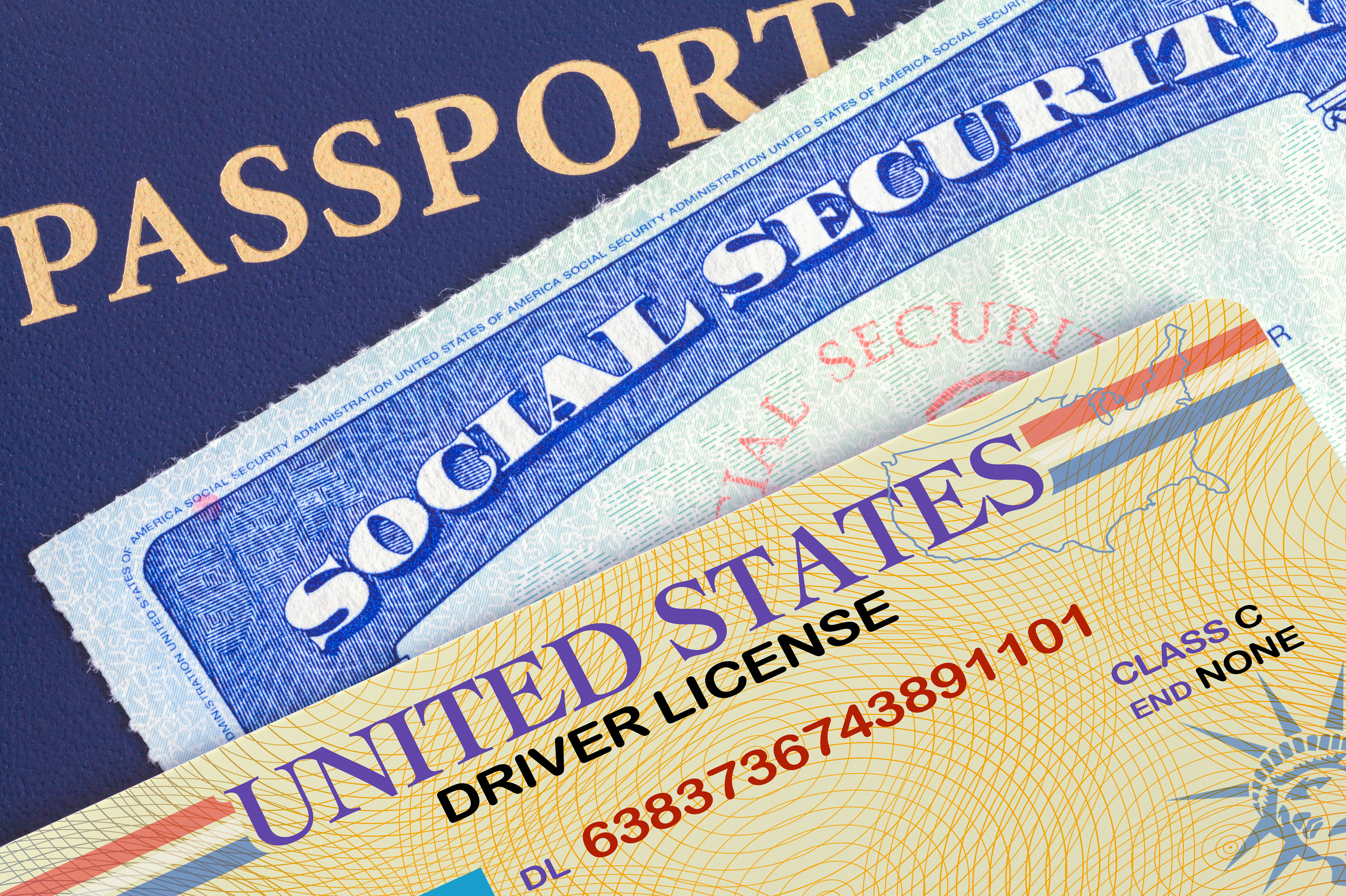 USA Passport with Social Security Card and Drivers License.
