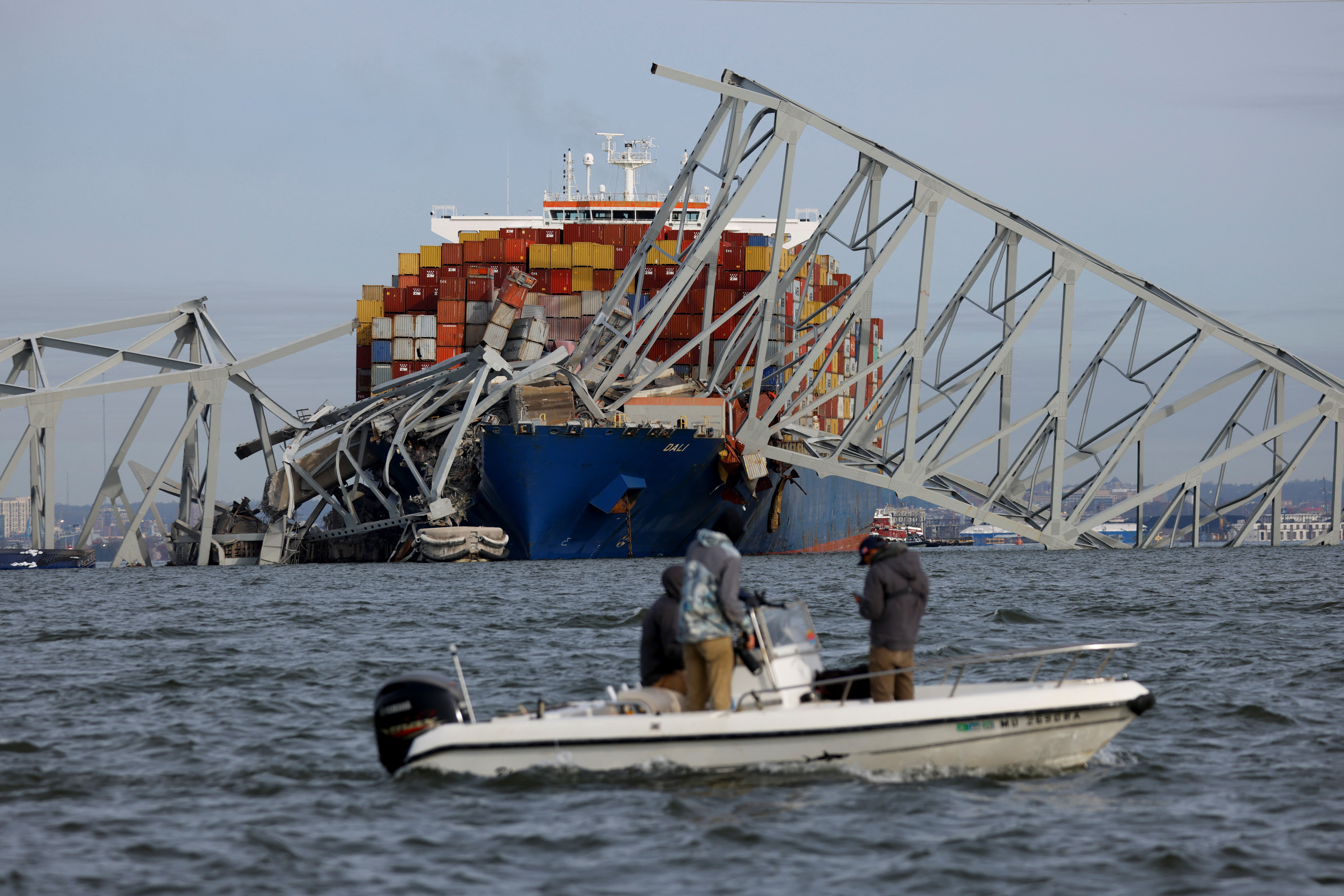 A view of the Dali cargo vessel which crashed into the Francis Scott Key Bridge causing it to collapse in Baltimore, Maryland, U.S., March 26, 2024.  REUTERS/Julia Nikhinson