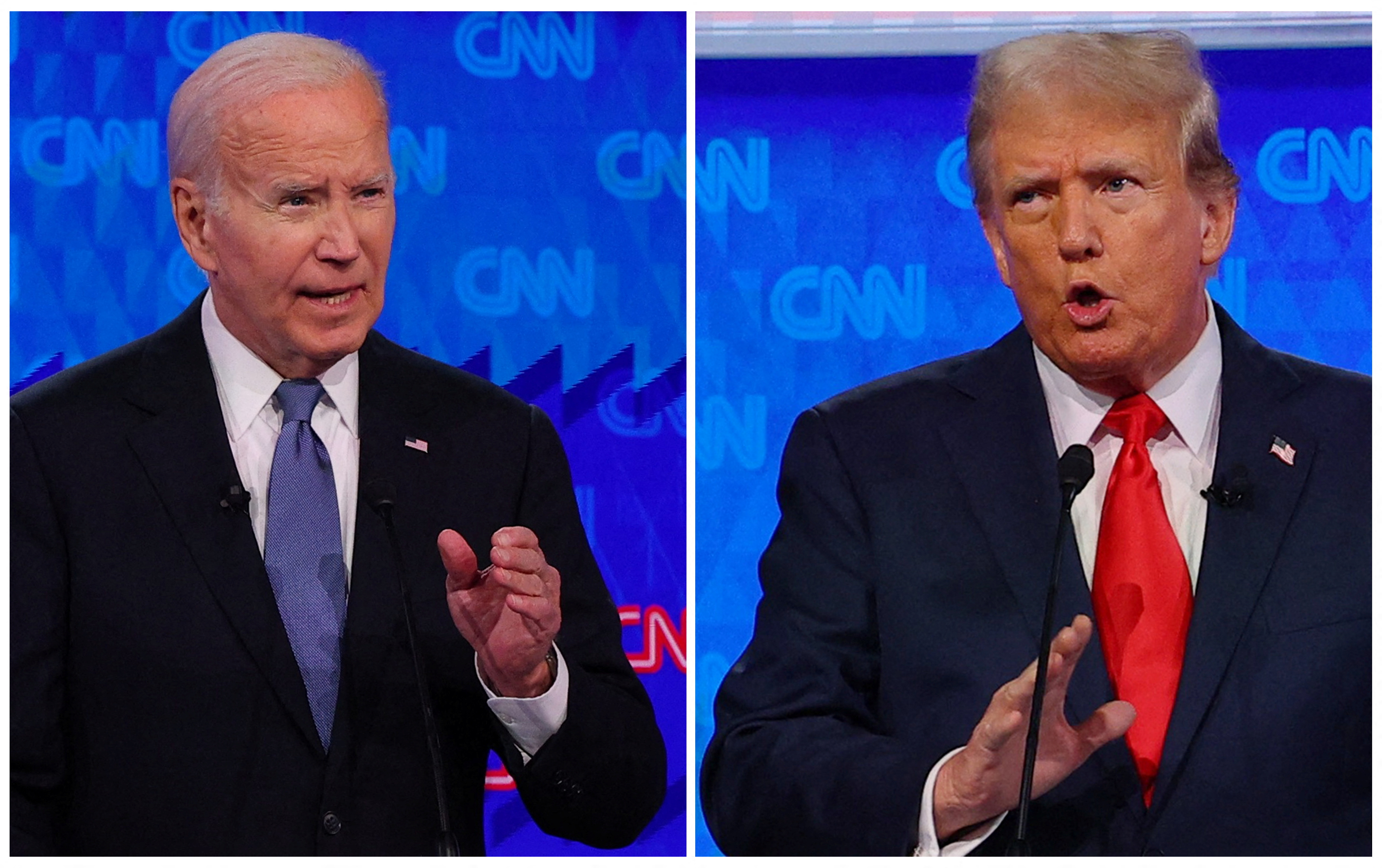 Democratic Party presidential candidate U.S. President Joe Biden and Republican presidential candidate former U.S. President Donald Trump speak during a presidential debate in Atlanta, Georgia, U.S., June 27, 2024 in a combination photo. REUTERS/Brian Snyder